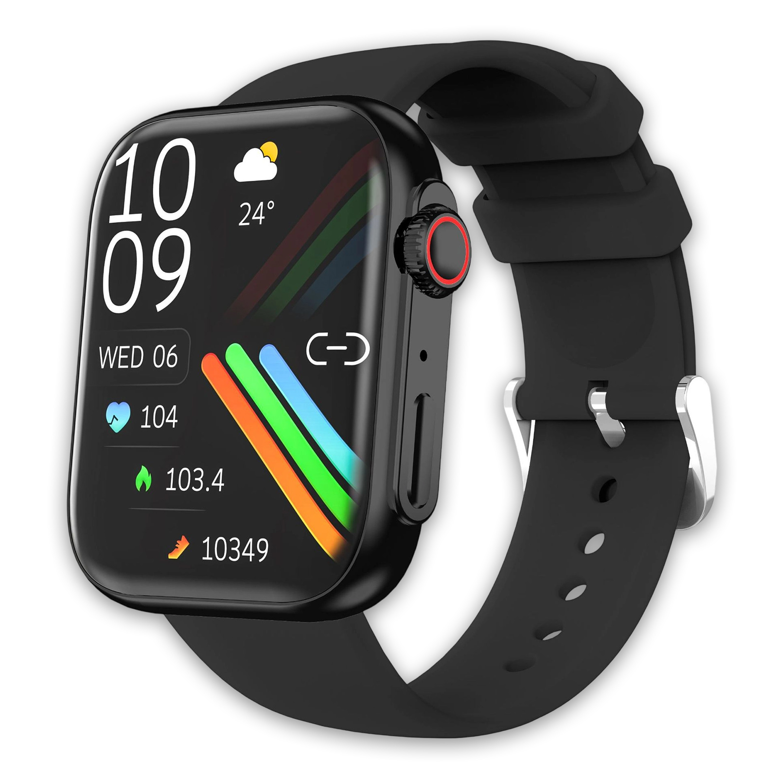 Schwarze Smartwatch mit Digitalanzeige, die Zeit, Wetter und Gesundheitsmetriken anzeigt.