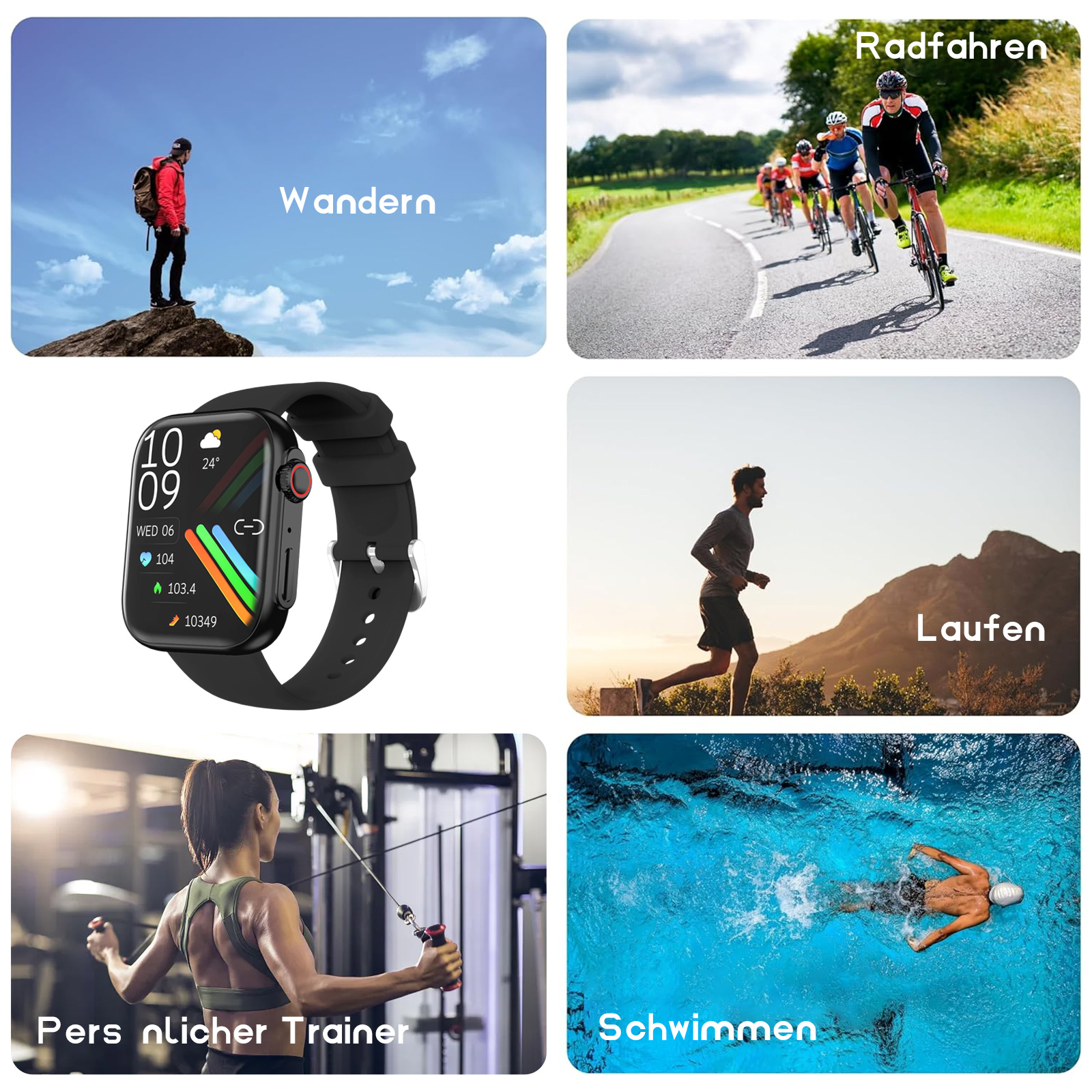Collage verschiedener Aktivitäten: Wandern, Radfahren, Laufen, Personal Training, Schwimmen mit Smartwatch.