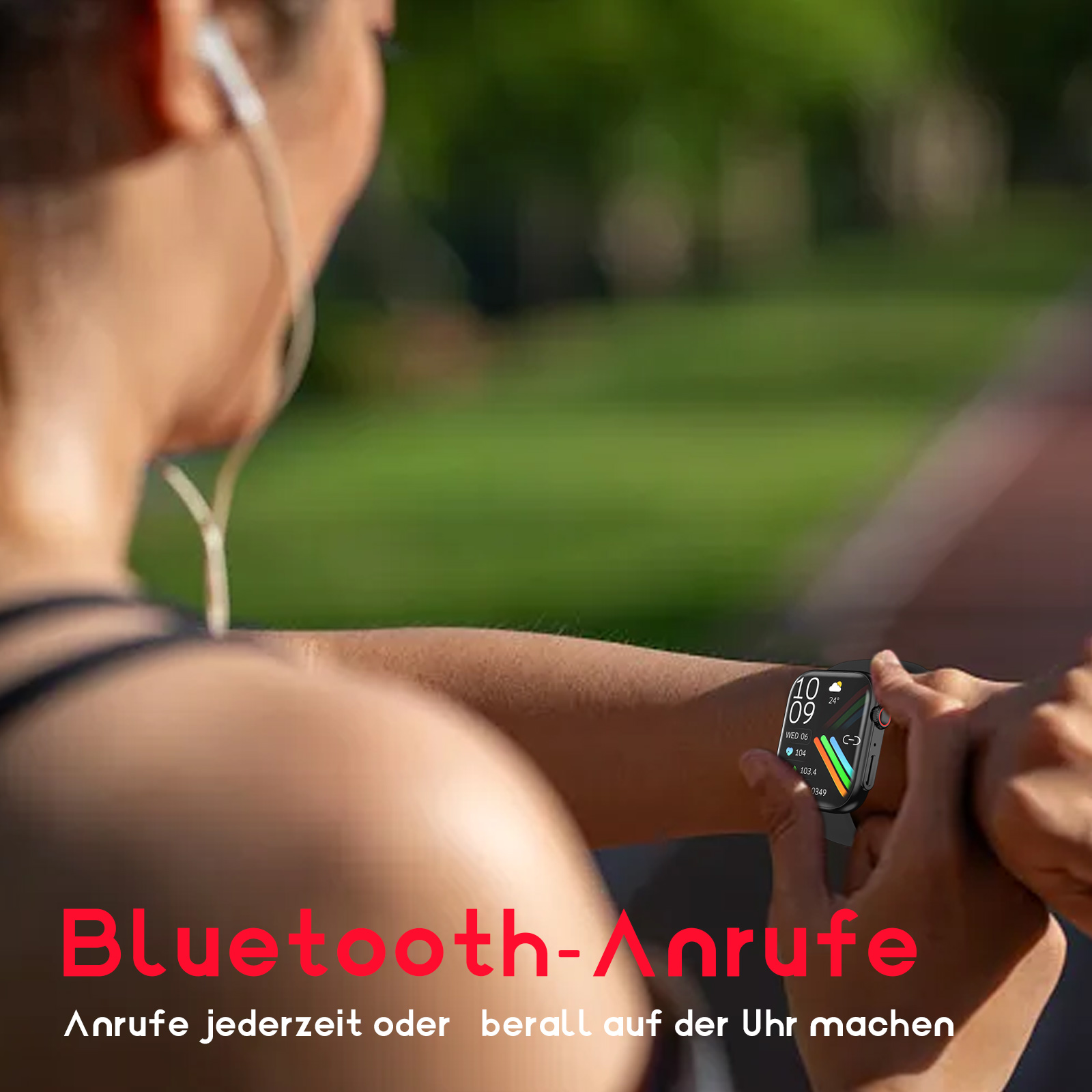 Frau mit Smartwatch, Bildschirm sichtbar, Text: 'Bluetooth-Anrufe'.