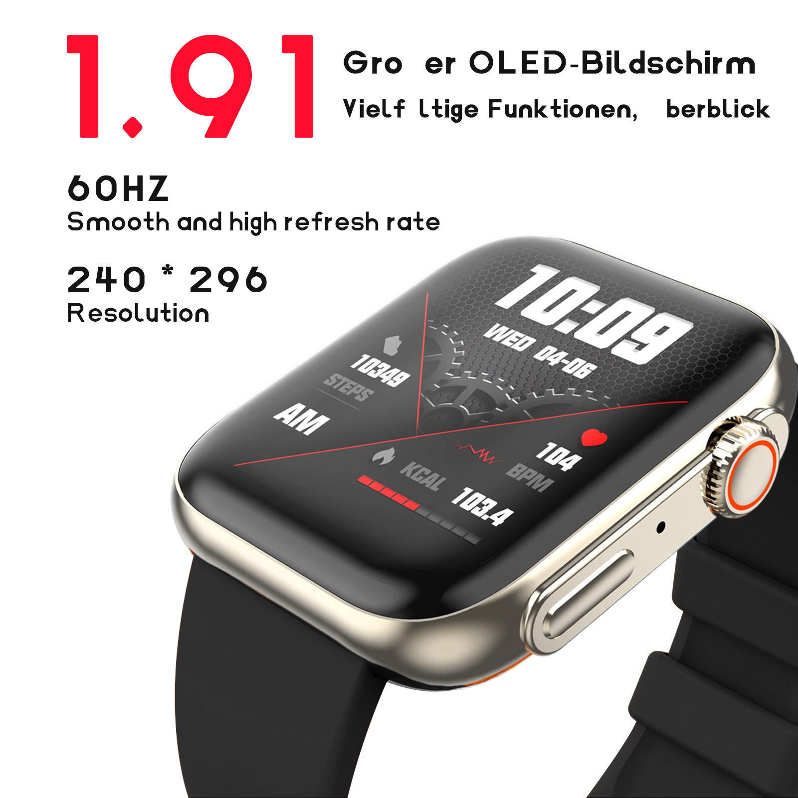 Nahaufnahme einer Smartwatch, die Zeit, Gesundheitsdaten und Wetter anzeigt.