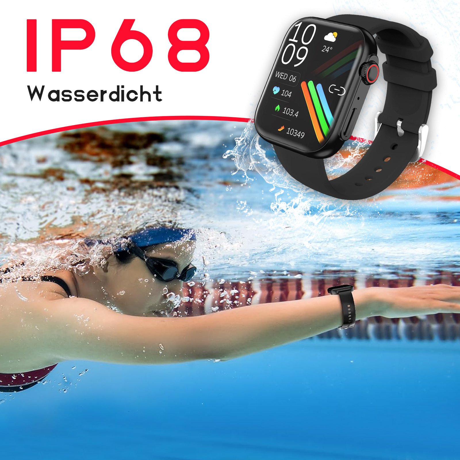 Person schwimmt unter Wasser mit Smartwatch, die Metriken anzeigt.