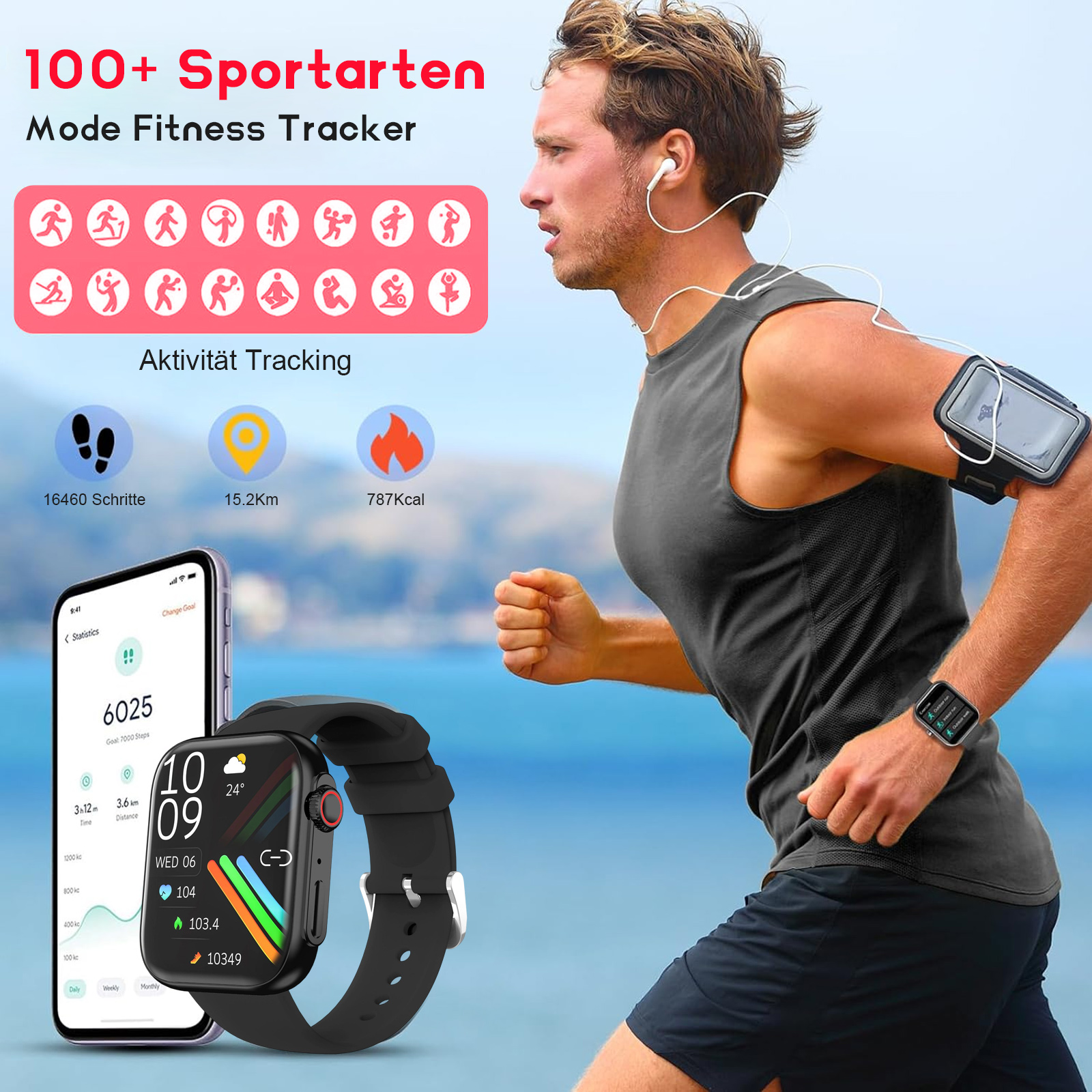 Mann rennt mit Smartwatch und Telefon, zeigt Aktivitätsdaten.