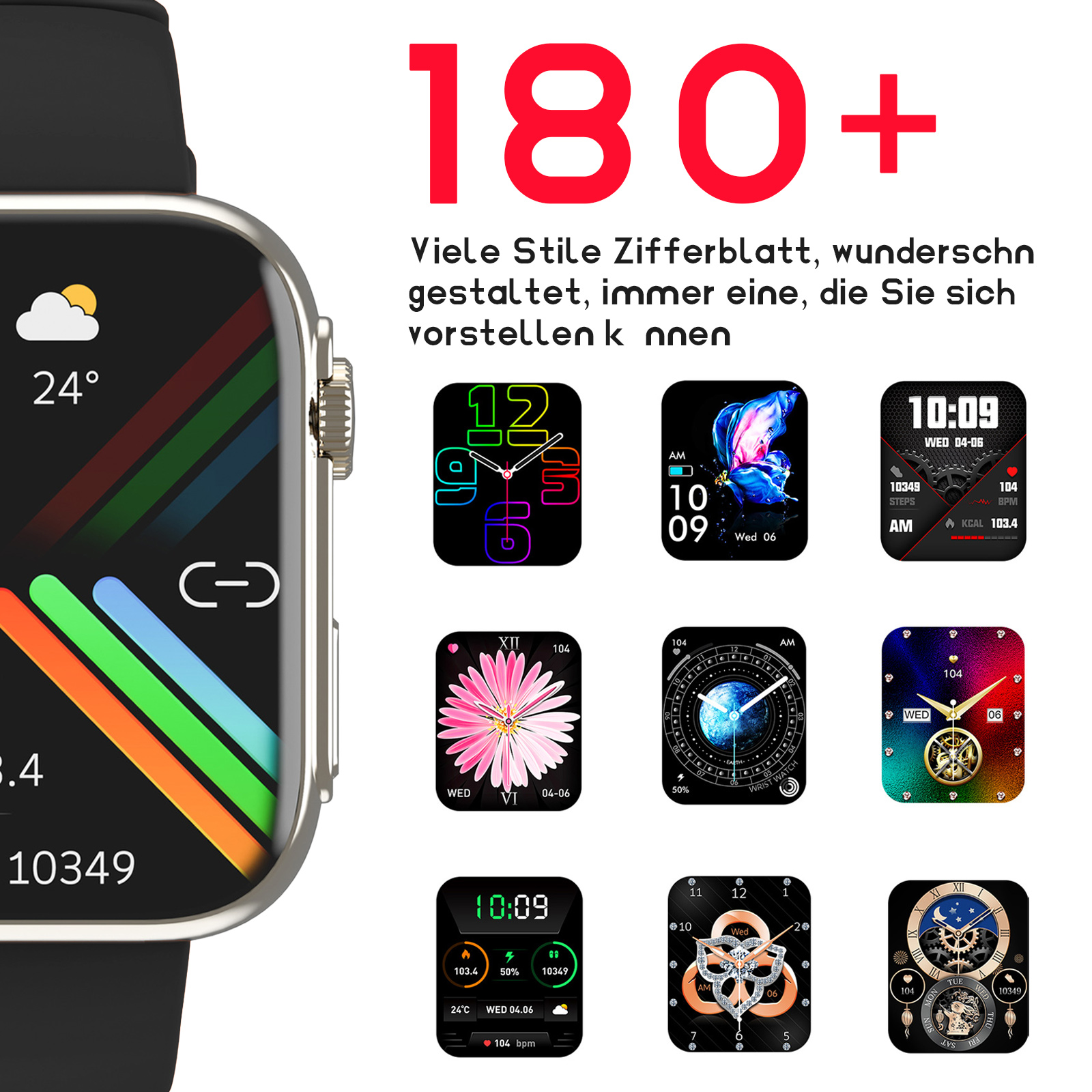 Nahaufnahme des Smartwatch-Bildschirms mit verschiedenen Zifferblättern.