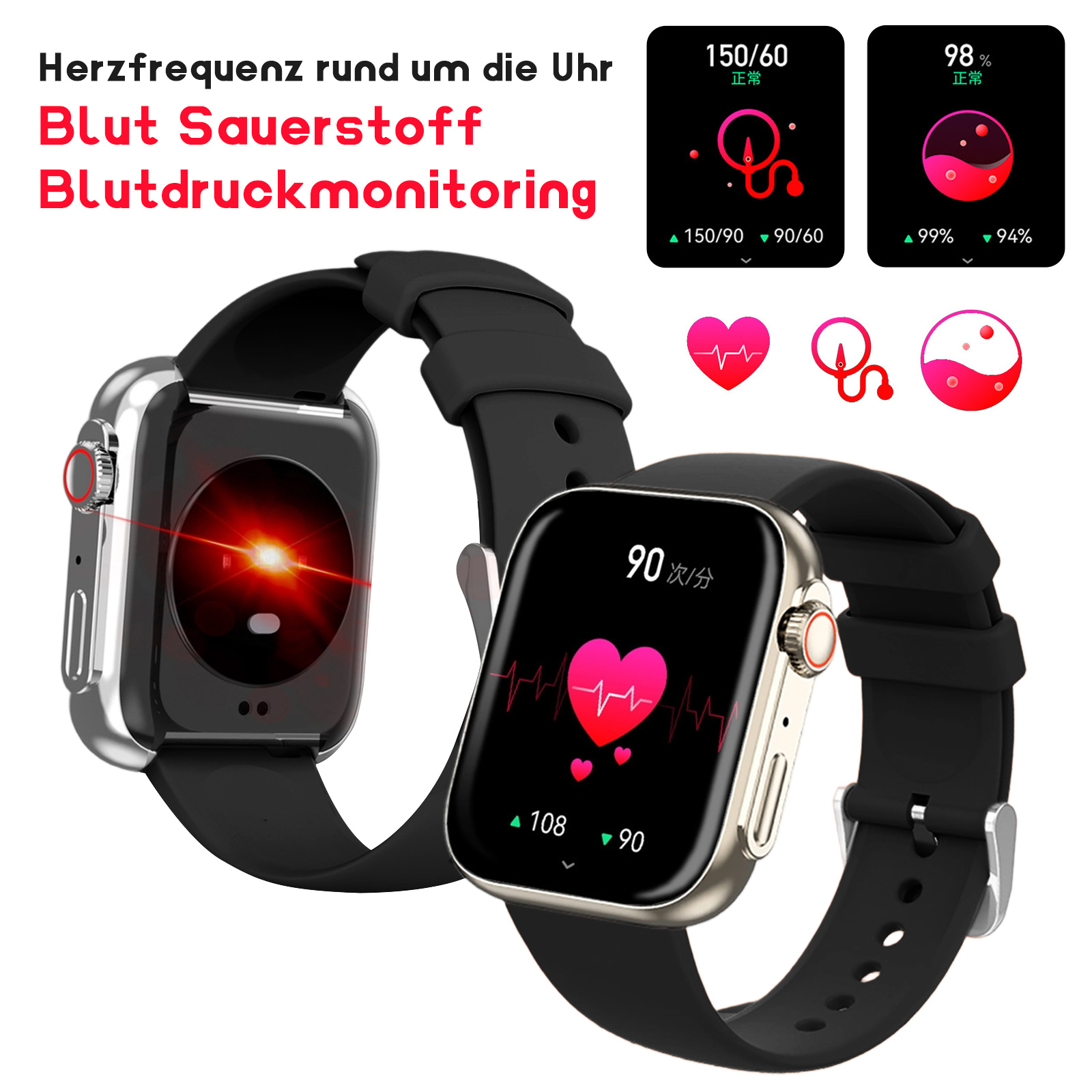 Zwei Smartwatches, die Gesundheitsdaten anzeigen: Herzfrequenz, Blutsauerstoff und Blutdruck.