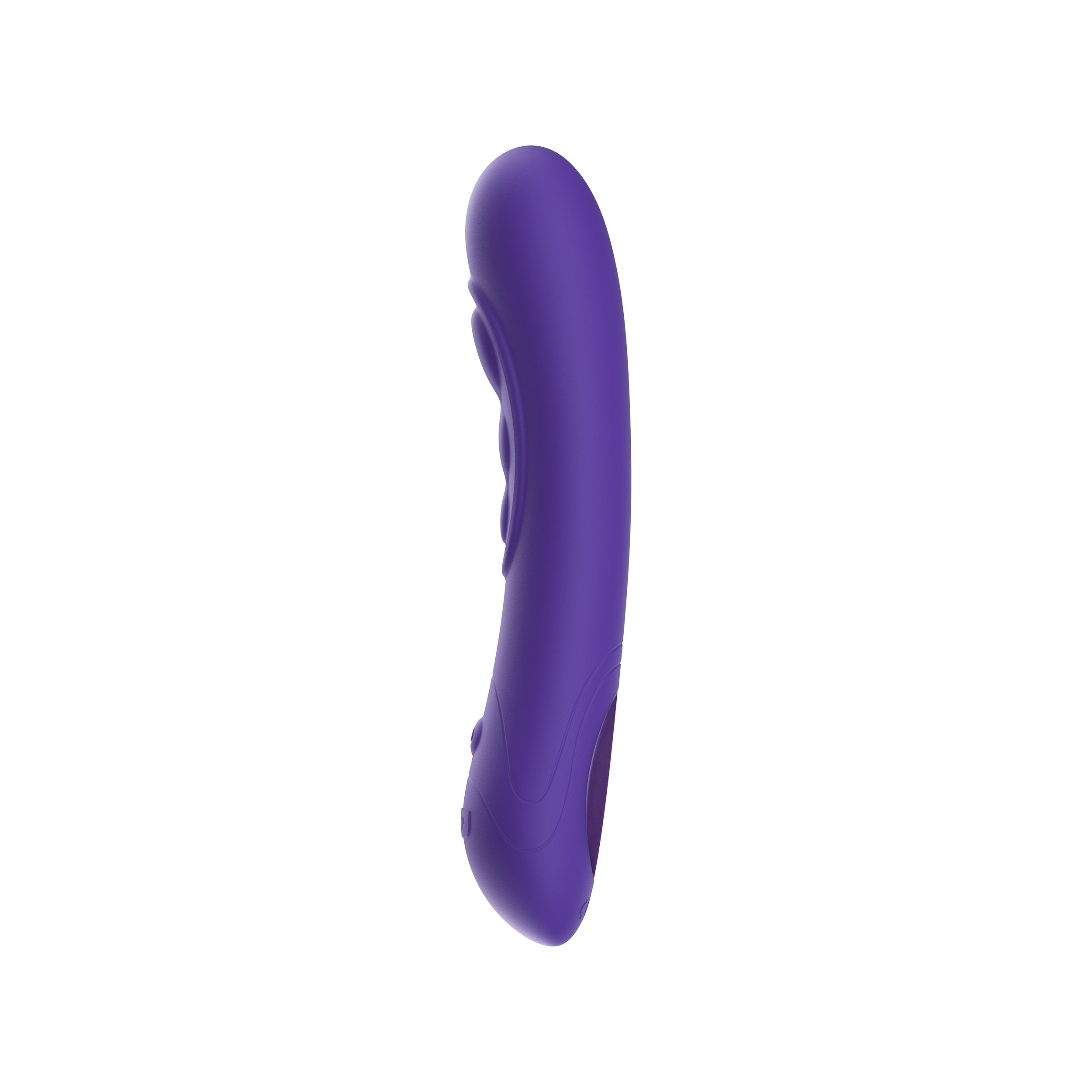 Ein lila Vibrator auf weißem Hintergrund. Er ist gebogen und hat drei Knöpfe.