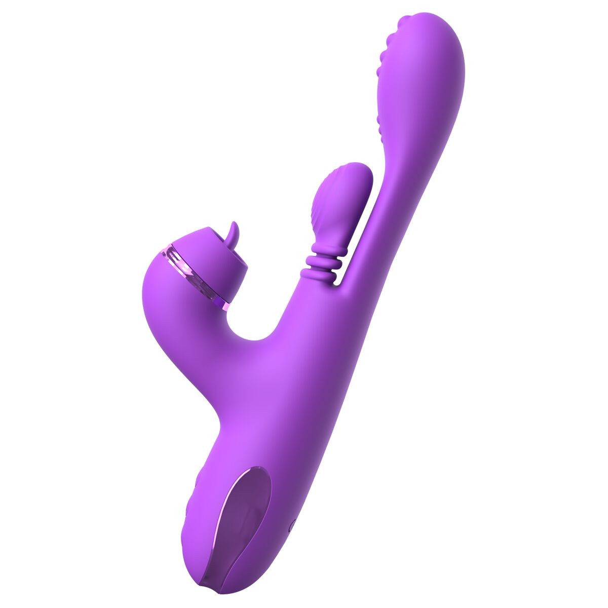 Lila Vibrator mit mehreren gekrümmten Teilen und Knöpfen, vor weißem Hintergrund.