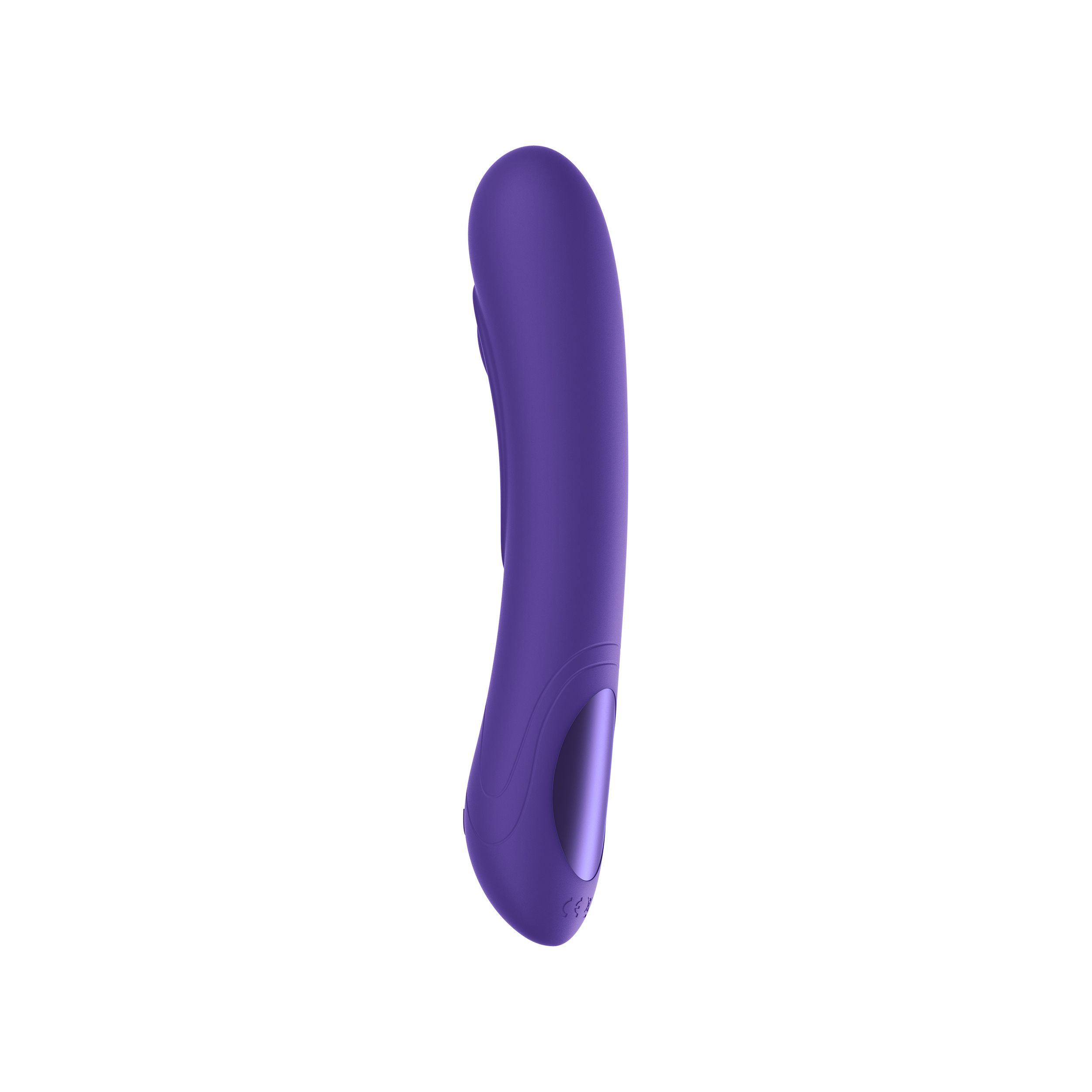 Lila Vibrator mit geschwungener Form und Knöpfen, vor weißem Hintergrund.