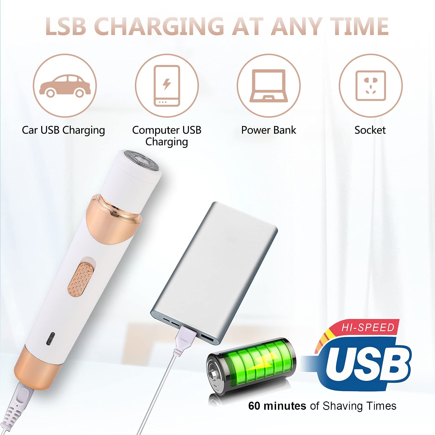 Ein Elektrorasierer, der über USB geladen wird. Vier Lademöglichkeiten werden gezeigt: Auto, Computer, Powerbank und Steckdose.