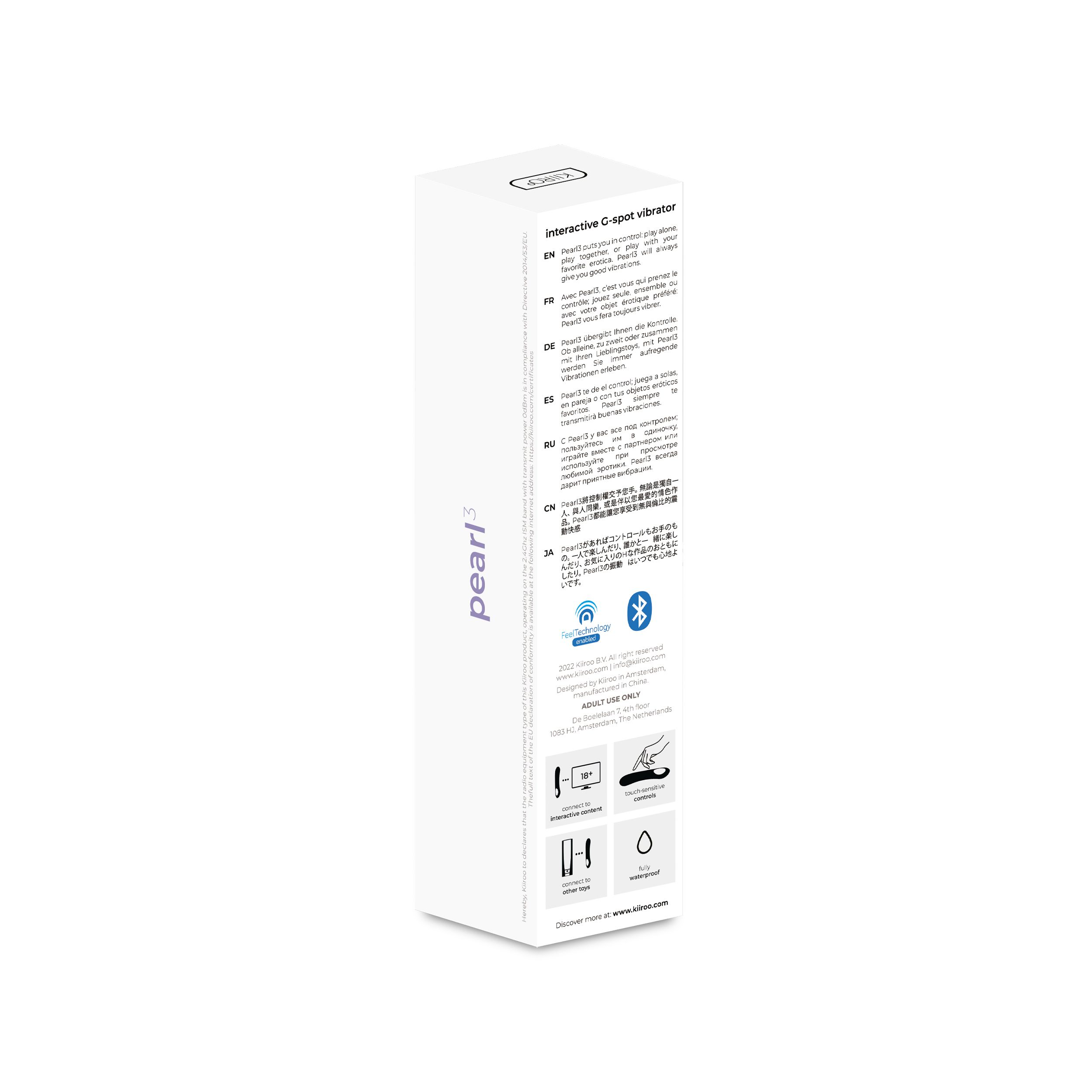 Eine weiße Schachtel mit Text in mehreren Sprachen. Ein lila Vibrator ist darin sichtbar.
