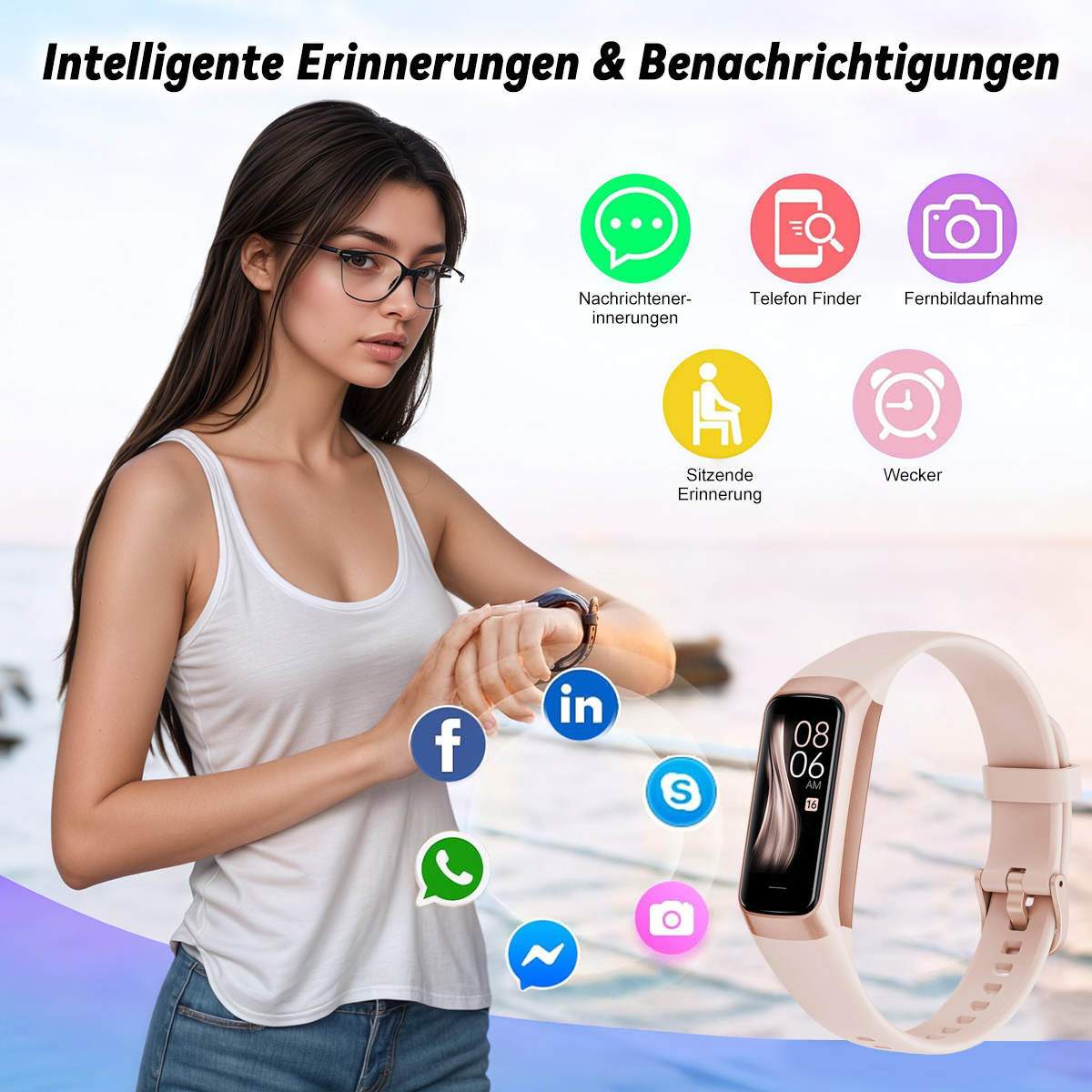 Eine Smartwatch an einem rosa Armband zeigt einen Bildschirm mit der Uhrzeit und einem Fortschrittsbalken.