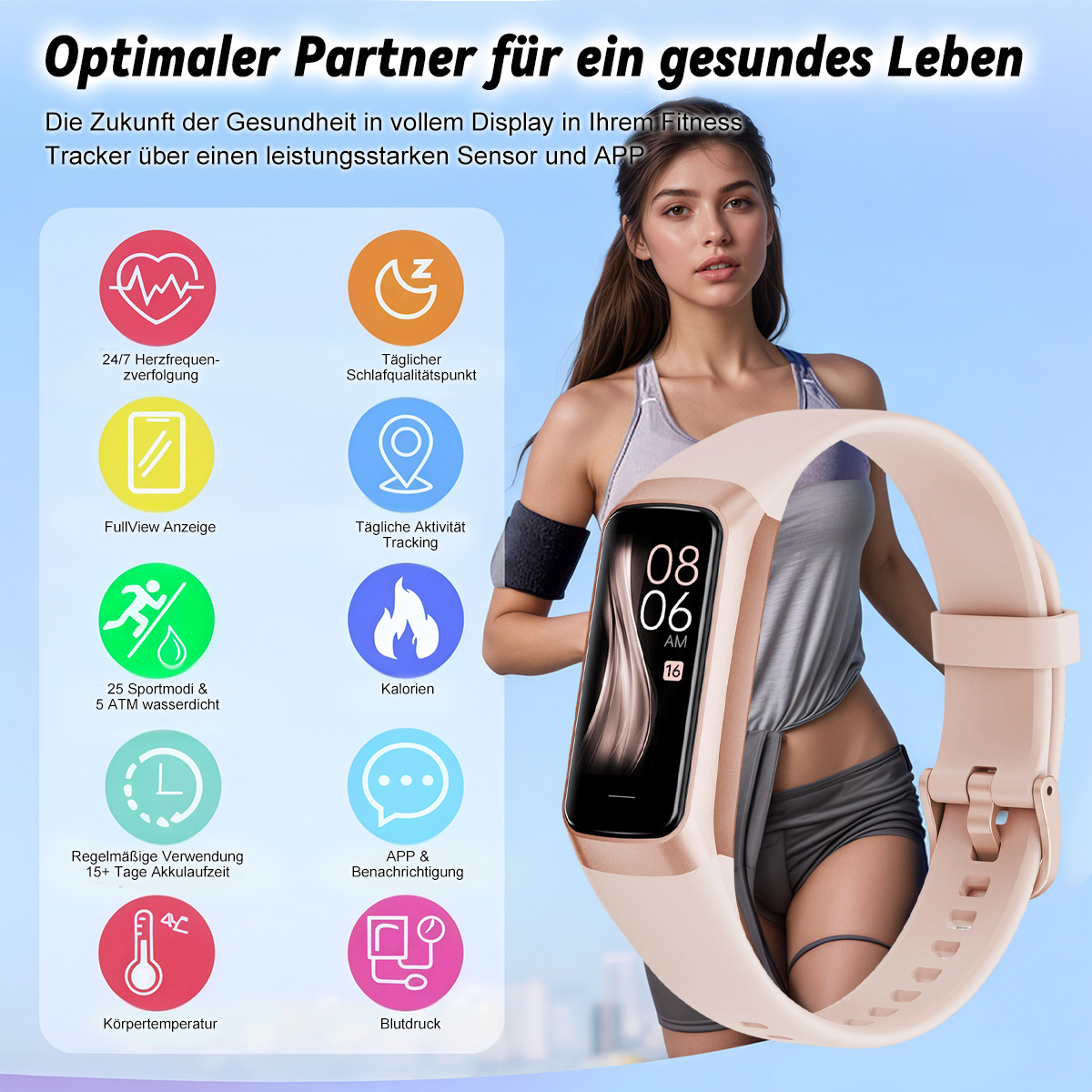 Eine Fitness-Tracker-Uhr am Handgelenk einer Frau, mit Gesundheitsmetriken und Symbolen.