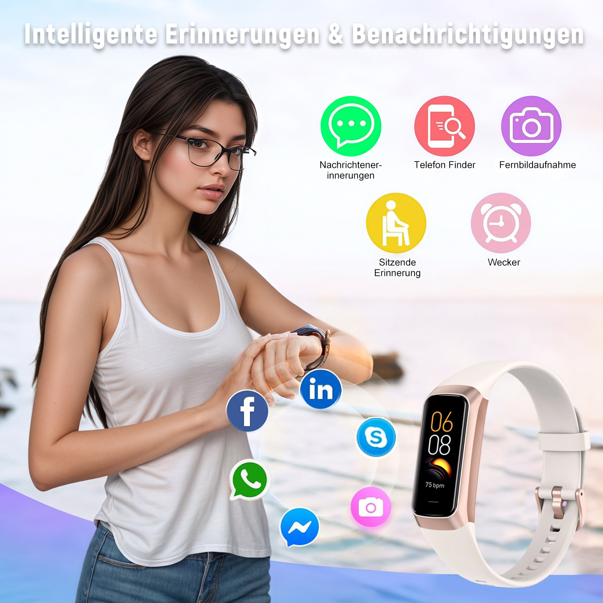 Frau mit Brille und Smartwatch, Social-Media-Icons und Fitness-Tracker mit angezeigten Benachrichtigungen.