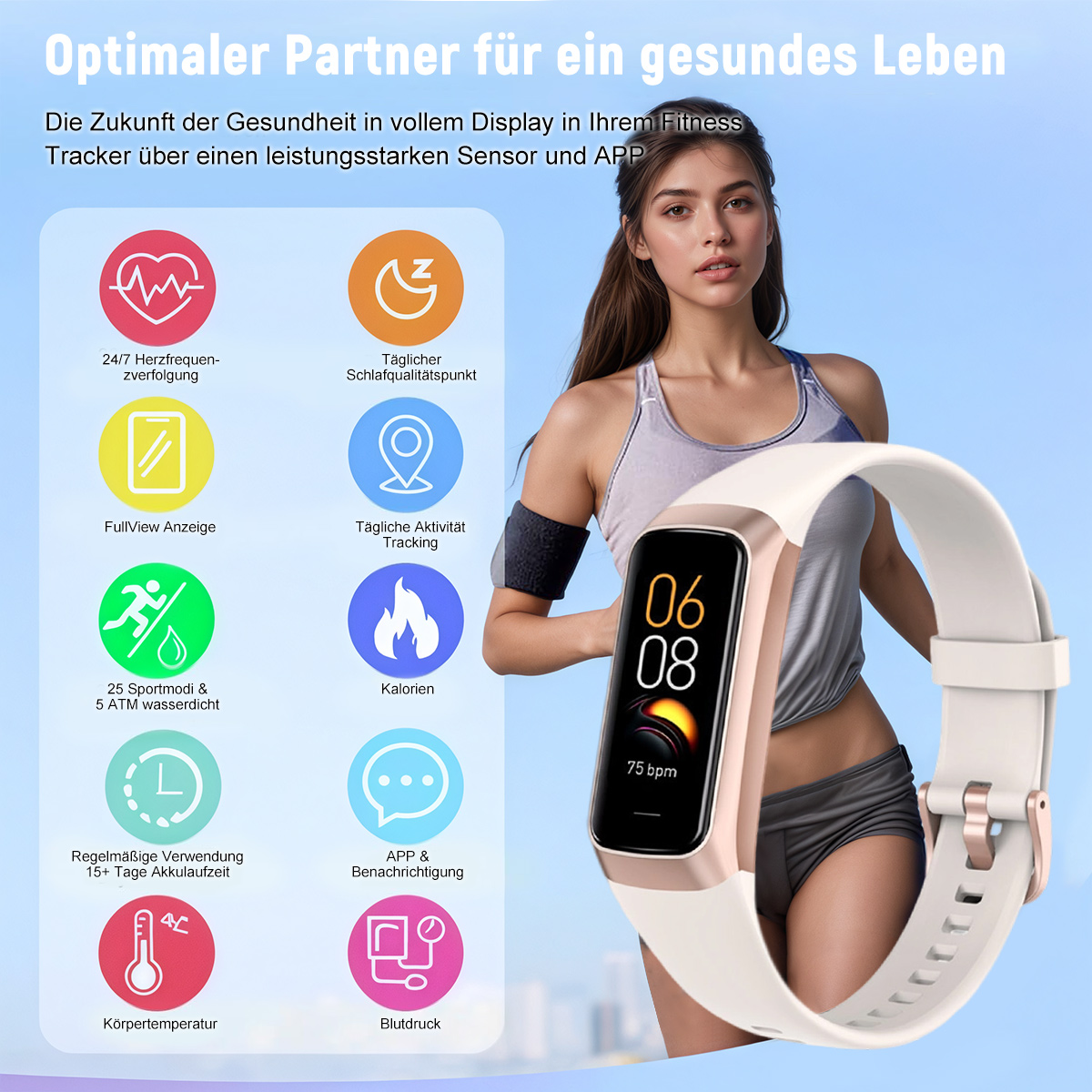 Frau mit Fitness-Tracker, Icons und Text über gesundes Leben und Funktionen des Geräts.