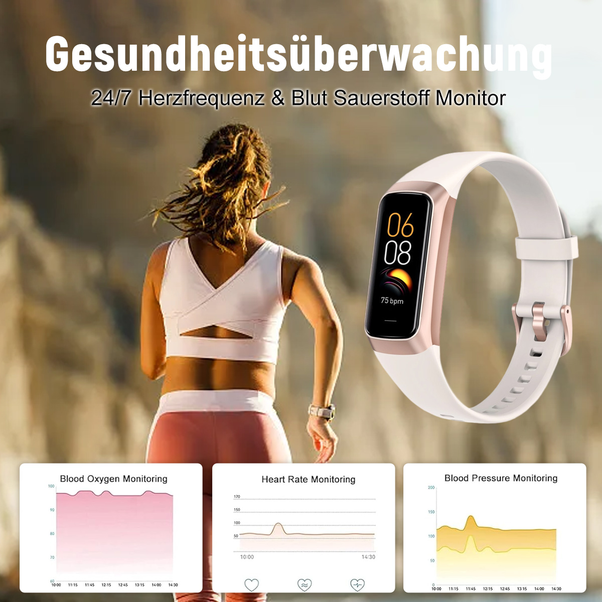 Frau beim Laufen, trägt einen Fitness-Tracker, mit Diagrammen von Herzfrequenz und Sauerstoff.