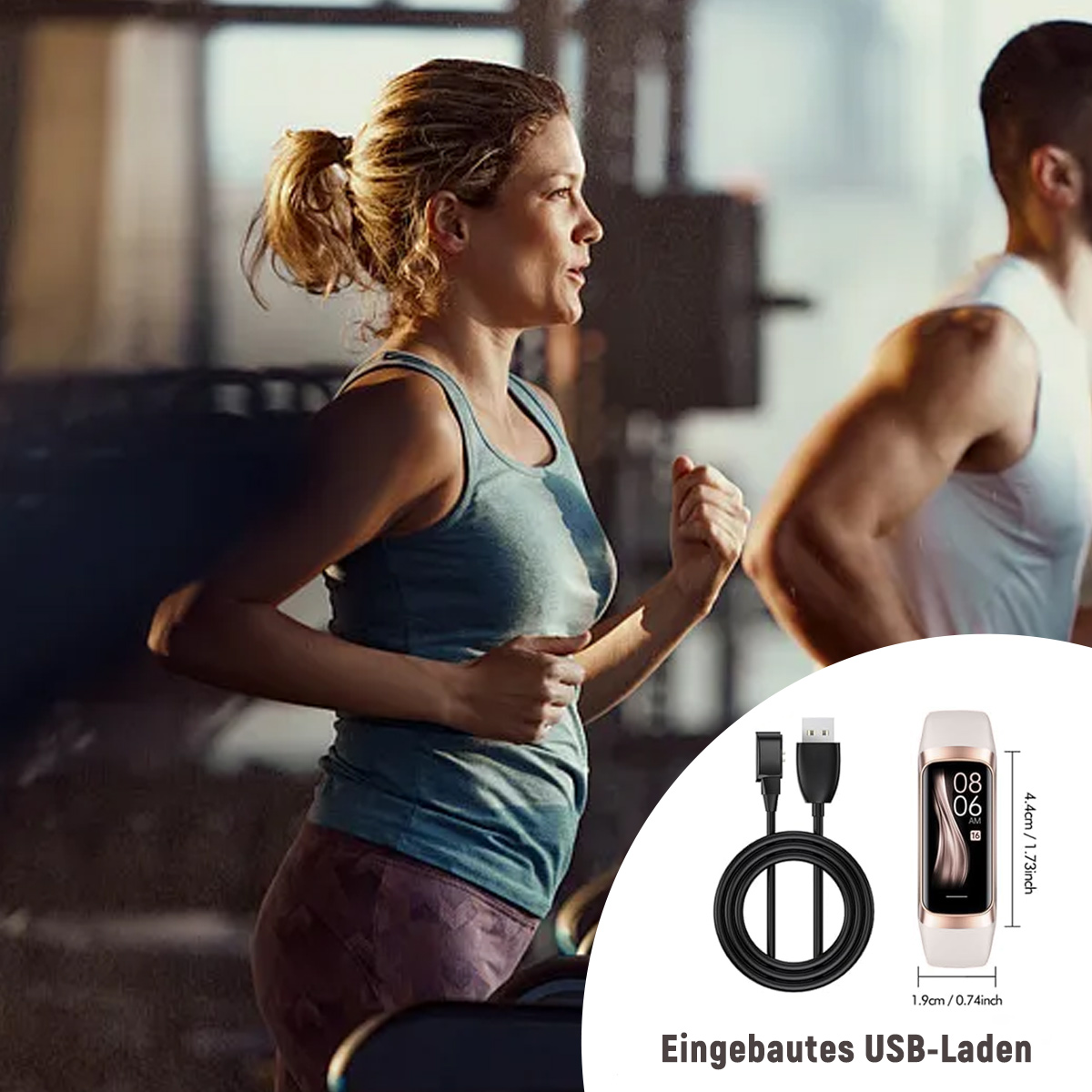 Frau läuft auf einem Laufband neben einem Mann, mit einem Fitness-Tracker und einem Ladekabel.