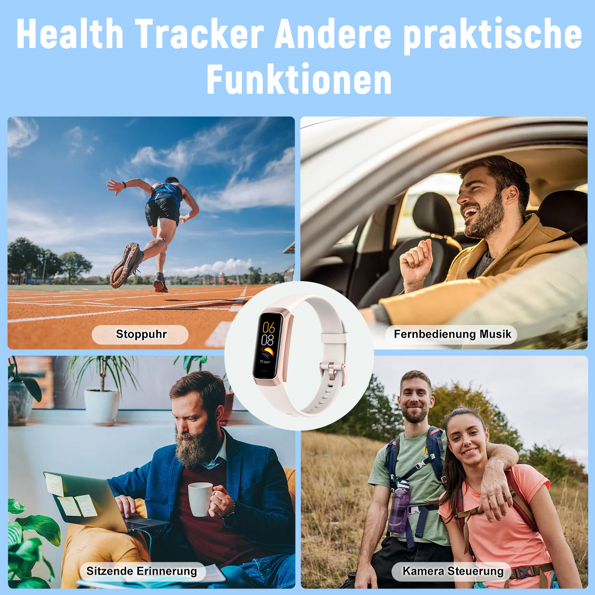 Bilder, die verschiedene Anwendungen einer Smartwatch zeigen: Laufen, Fahren, Arbeiten und Wandern.