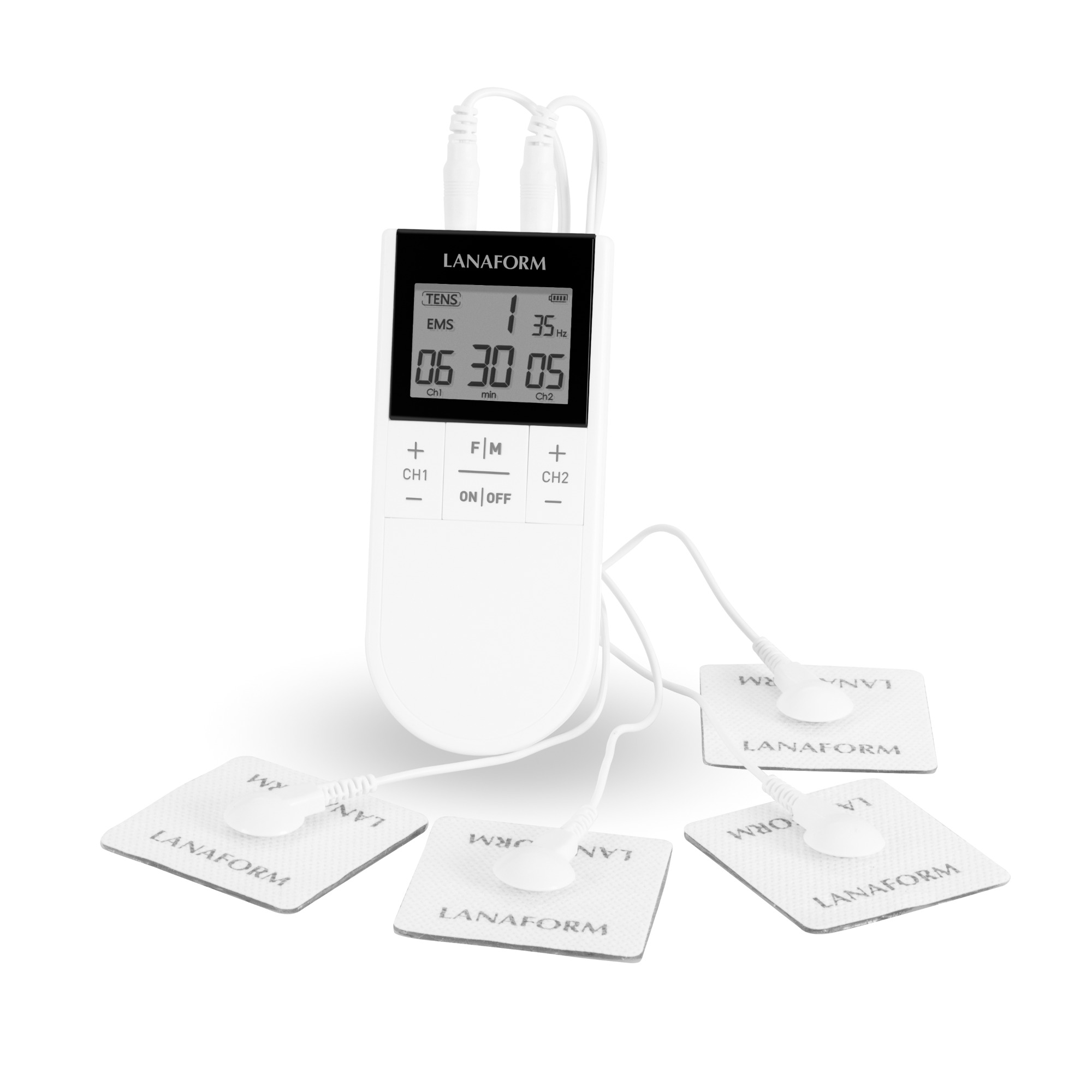 Wit apparaat met een scherm en bevestigde pads. Het scherm geeft instellingen weer. Pads zijn gelabeld met LANAFORM.