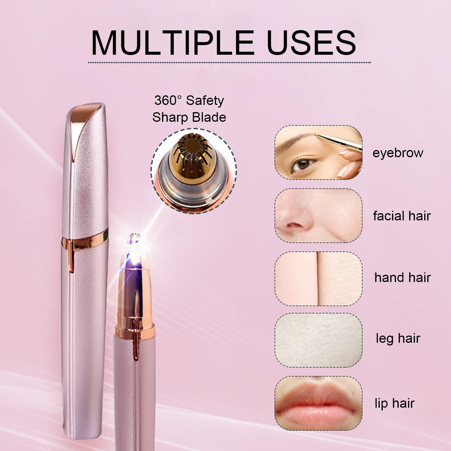 Roségoldener Augenbrauentrimmer und Beispiele für seine Verwendung an Augenbrauen, Gesichts-, Hand-, Bein- und Lippenhaaren.