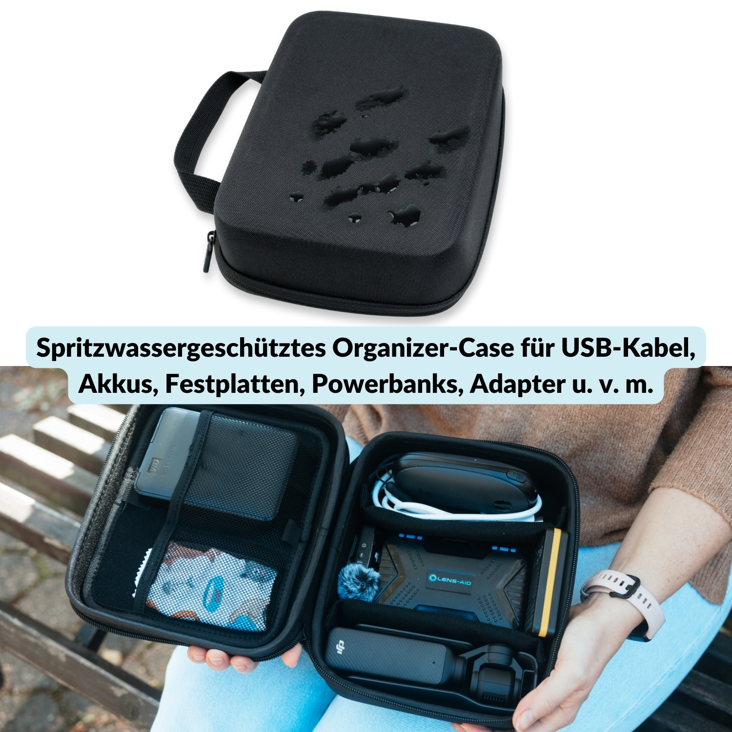 Schwarze Organizer-Tasche, offen und geschlossen. Im Inneren befinden sich elektronische Zubehörteile. Text auf der Tasche auf Deutsch.