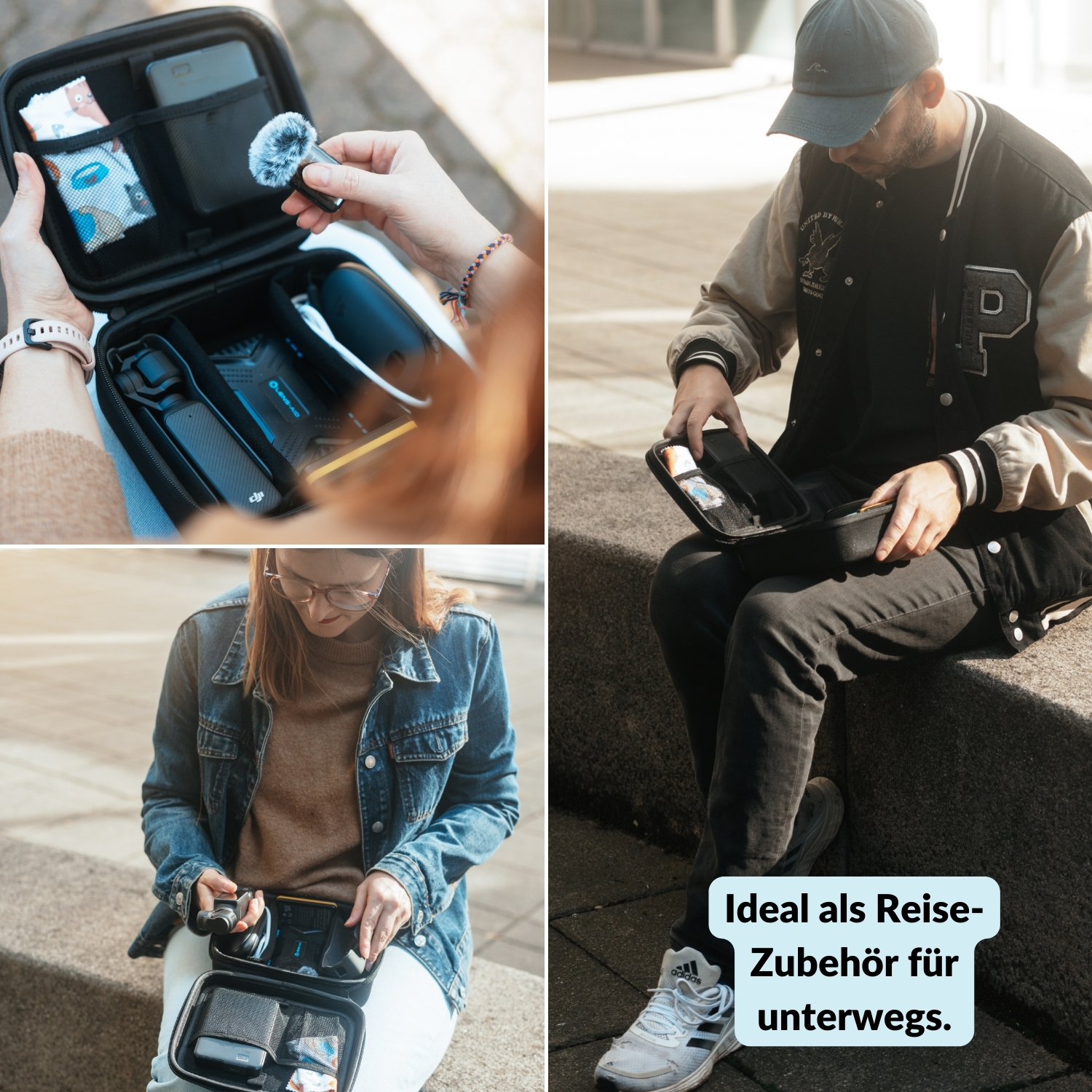 Vier Bilder einer schwarzen Organizer-Tasche in Gebrauch. Personen werden gezeigt, wie sie die Tasche für Zubehör verwenden.