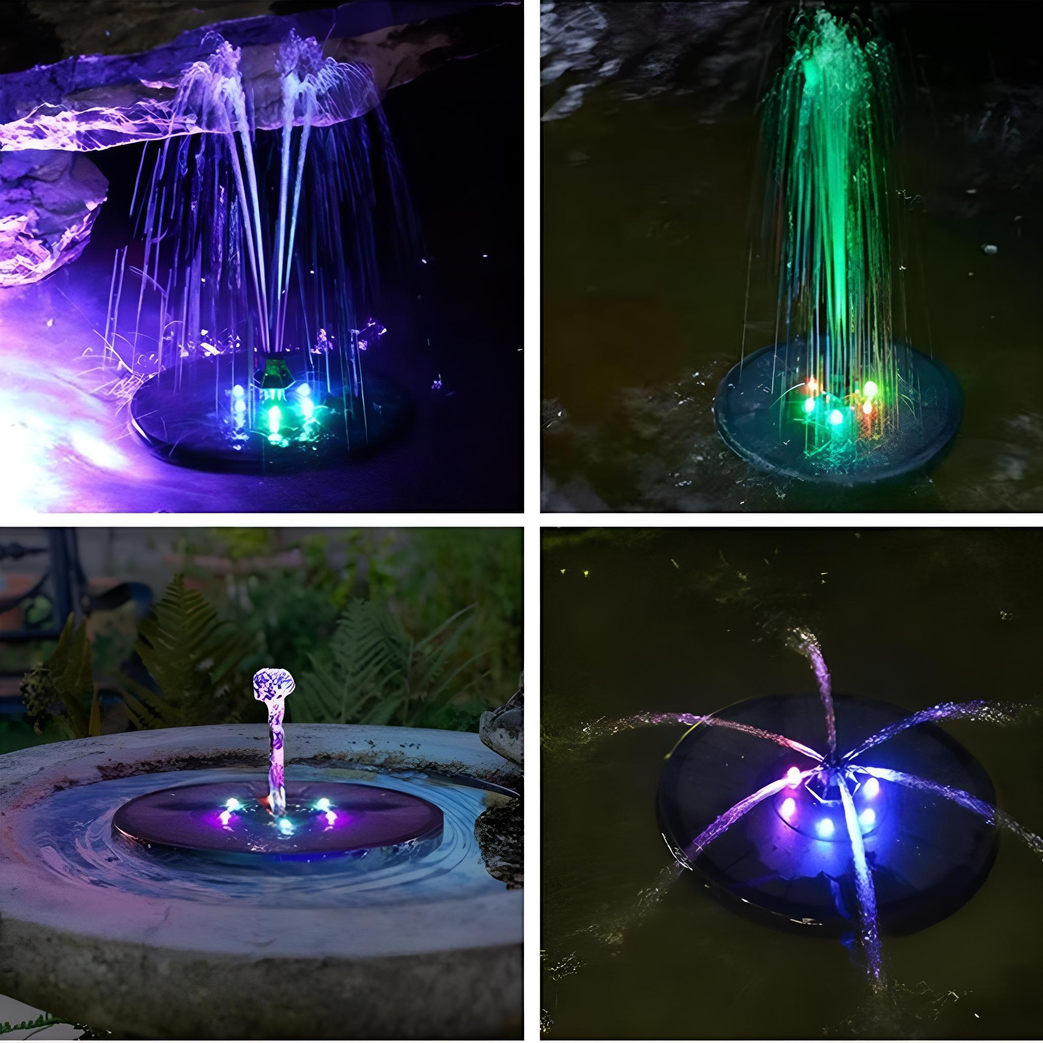 Vier Bilder von Springbrunnen mit farbigen Lichtern. Sie sprühen Wasser in verschiedenen Mustern mit verschiedenen farbigen Lichtern.