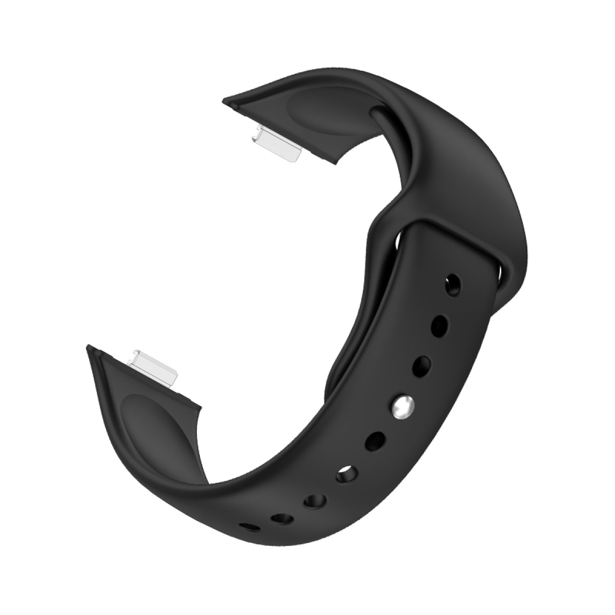 Schwarzes Uhrenarmband mit Löchern und Verschluss. Das Band ist gebogen und hat einen Metallstift.