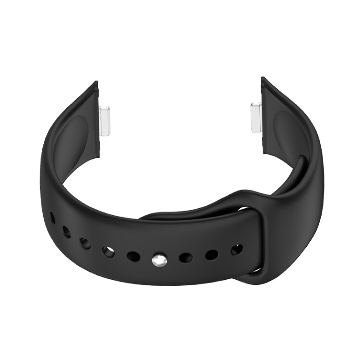 Schwarzes Armband, gebogen mit Löchern und Metallstift. Das Armband ist nicht mit einer Uhr verbunden.