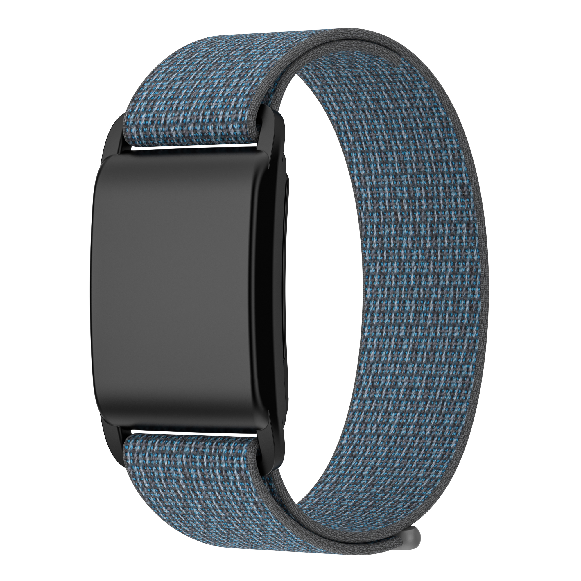 Eine schwarze Smartwatch mit blau-grauem Armband liegt flach vor weißem Hintergrund.