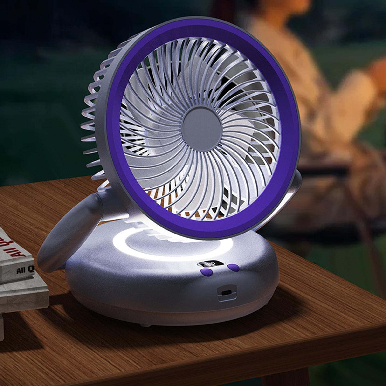 Tragbarer Ventilator mit lila Ring, auf einem Tisch. Kleiner Bildschirm zeigt Einstellungen. Holztisch.