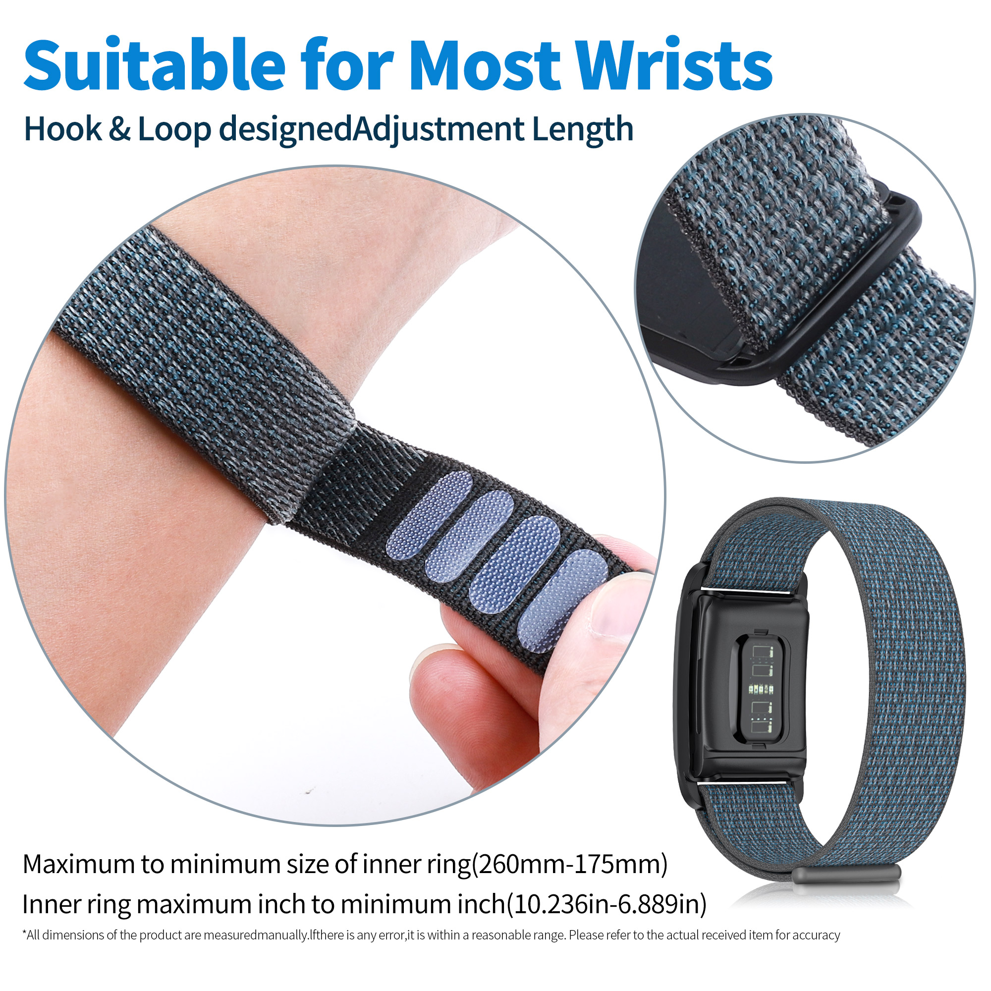 Nahaufnahme eines Smartwatch-Armbands am Handgelenk, mit Produktdetails und einem zweiten Band darunter.