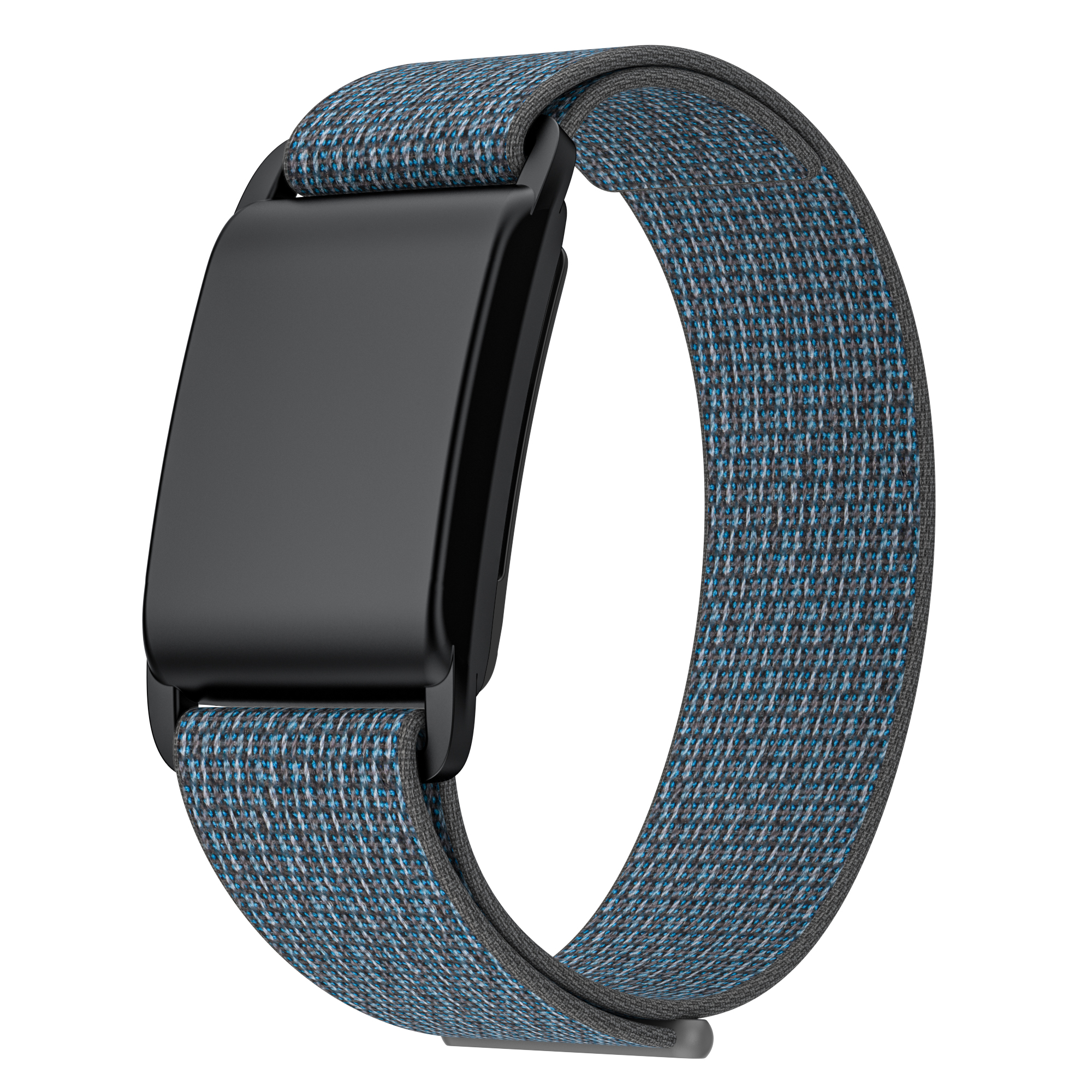 Eine schwarze Smartwatch mit blau-grauem Band auf weißem Grund, schräge Ansicht.