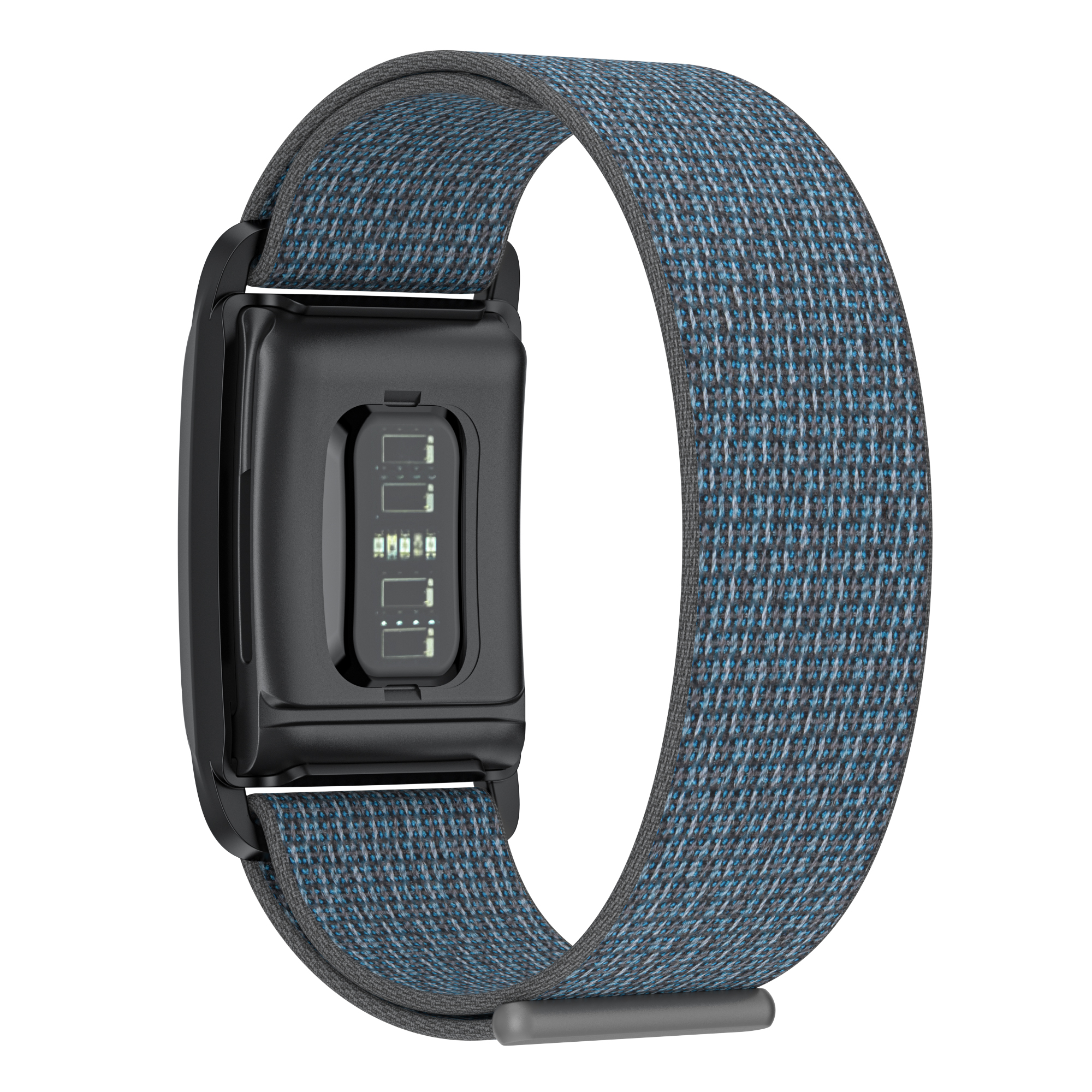 Eine Smartwatch mit blau-grauem Armband, Rückansicht, zeigt interne Komponenten.