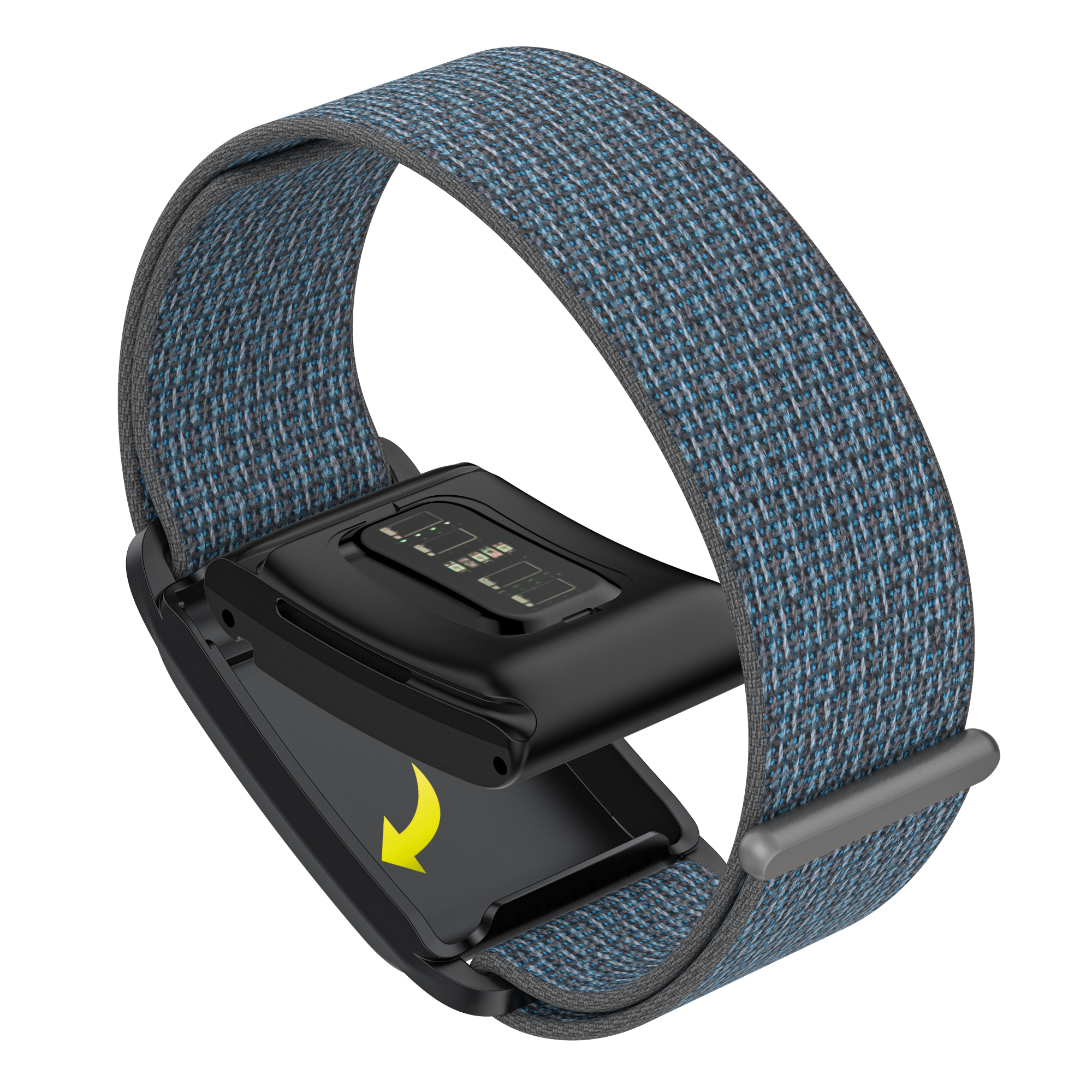 Smartwatch mit Band, Rückseite offen, ein gelber Pfeil zeigt, wie man das Gehäuse öffnet.