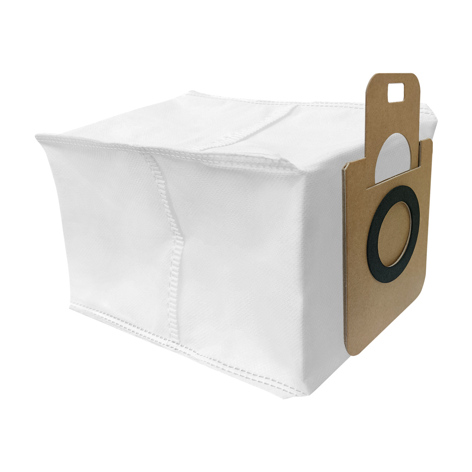 Sacco per la polvere bianco con una parte di cartone. Utilizzato negli aspirapolvere. Sfondo bianco.