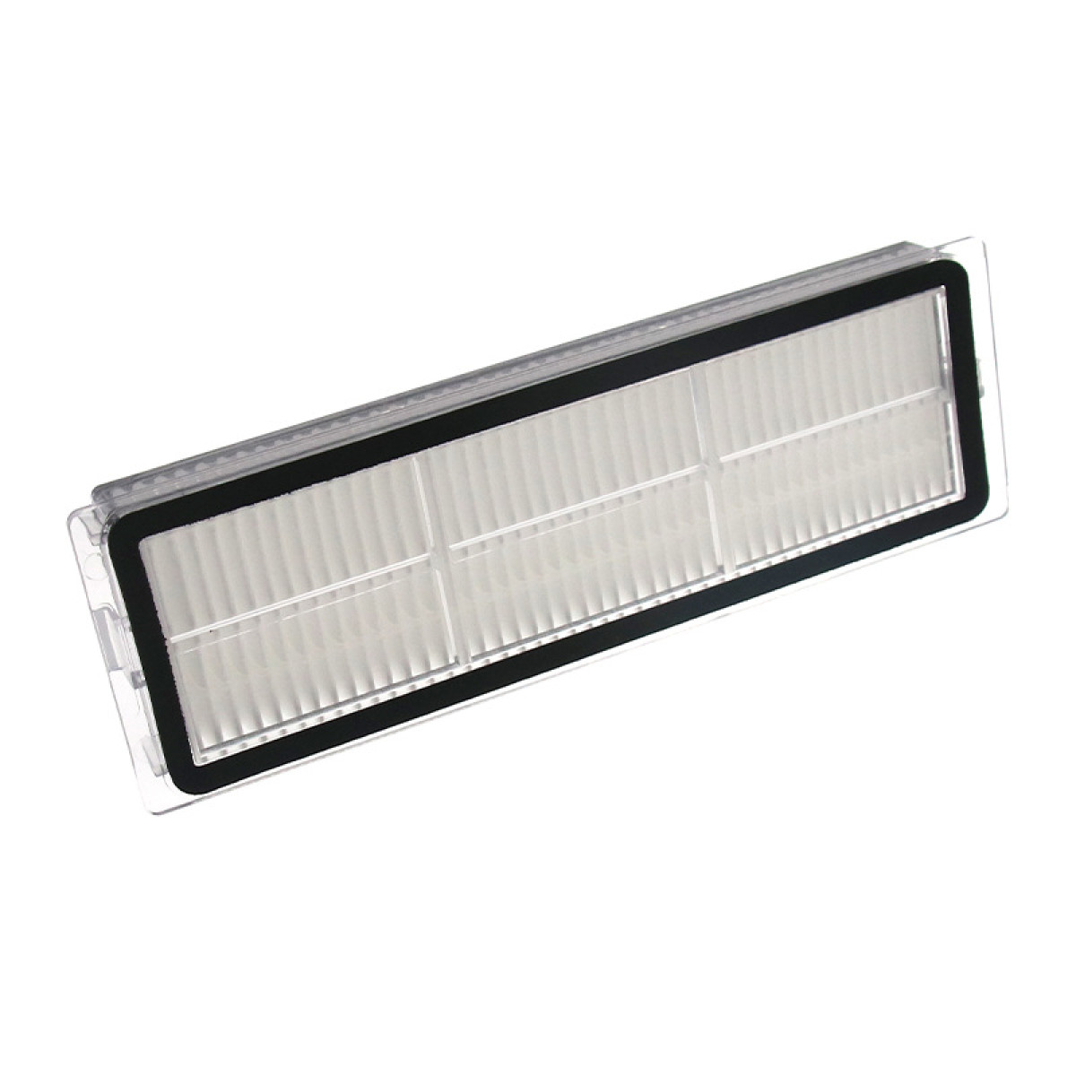 Un filtro bianco per aspirapolvere, rettangolare con cornice nera, su una superficie bianca.