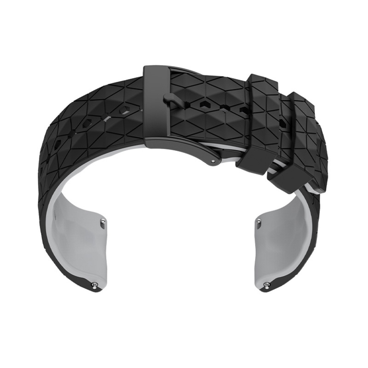 Schwarzes und weißes Uhrenarmband mit Schnalle. Weiß im Inneren des schwarzen Teils.
