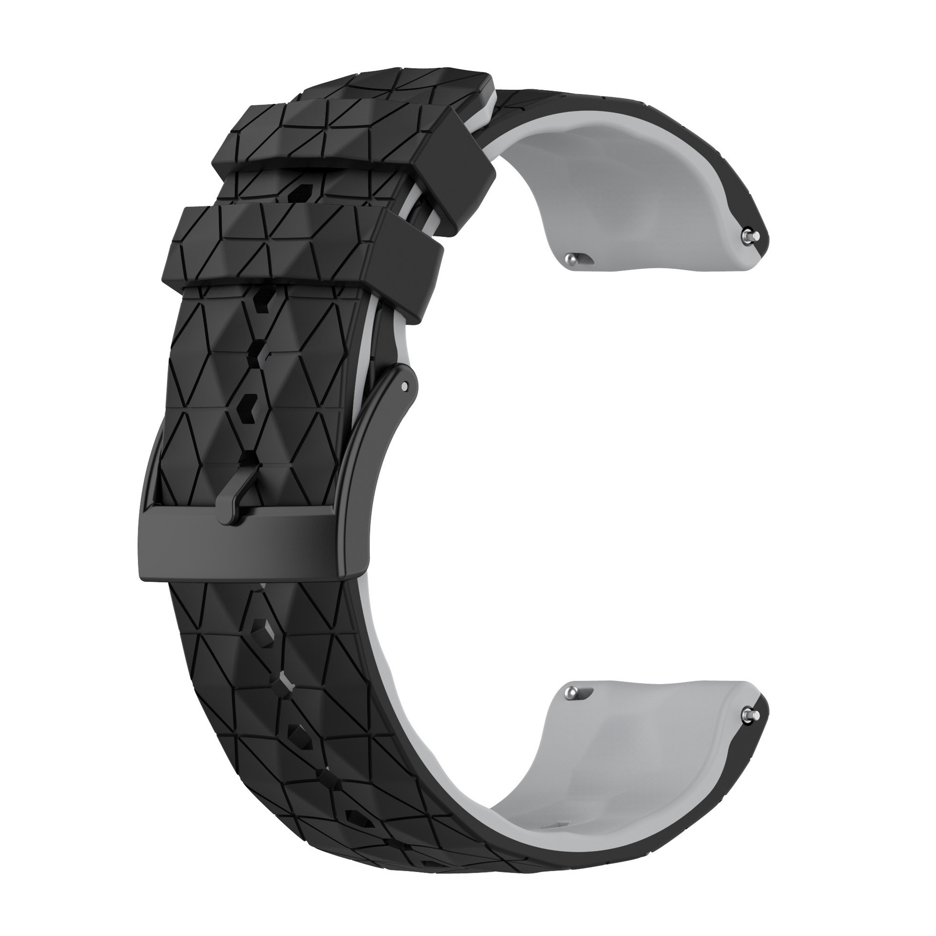 Schwarzes Uhrenarmband mit geometrischem Muster, grauer Unterseite und Metallschnalle.
