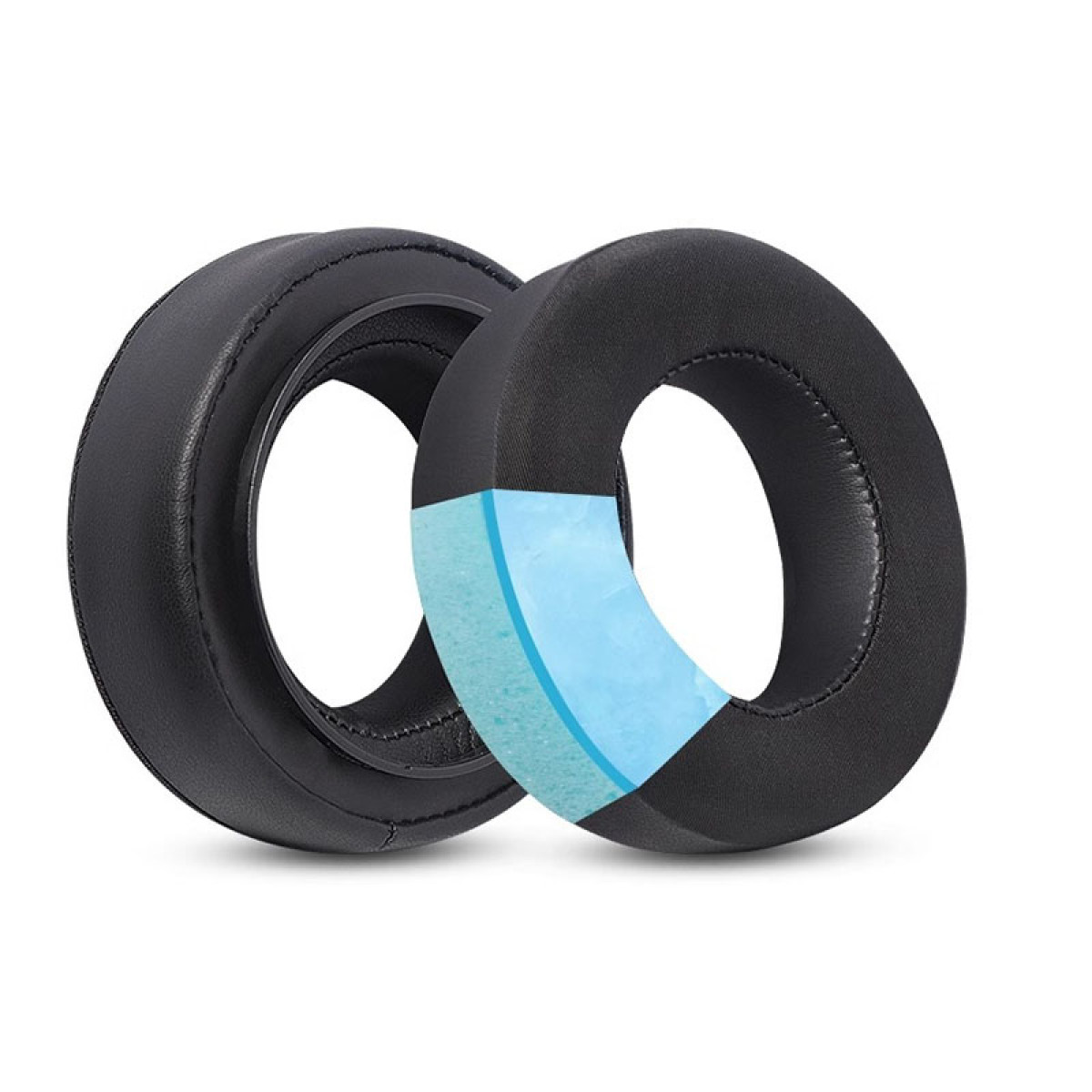 Czarne nauszniki z jasnoniebieskim wnętrzem, jeden przecięty, aby pokazać warstwy.