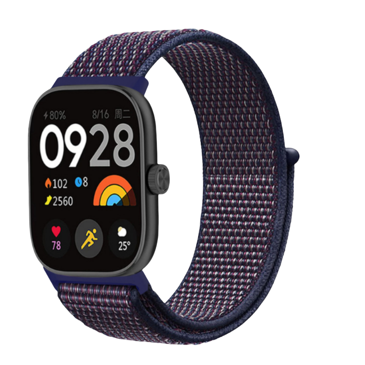 Smartwatch con quadrante quadrato nero, cinturino blu navy e vari display dati.