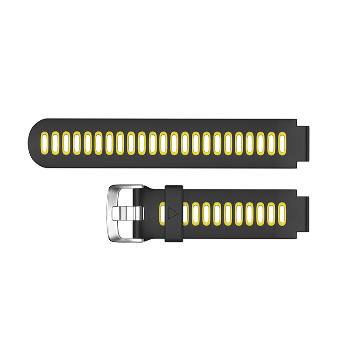 Schwarzes Uhrenarmband mit gelben Akzenten. Ein Teil ist geschnallt. Beide Teile liegen auf weißem Untergrund.
