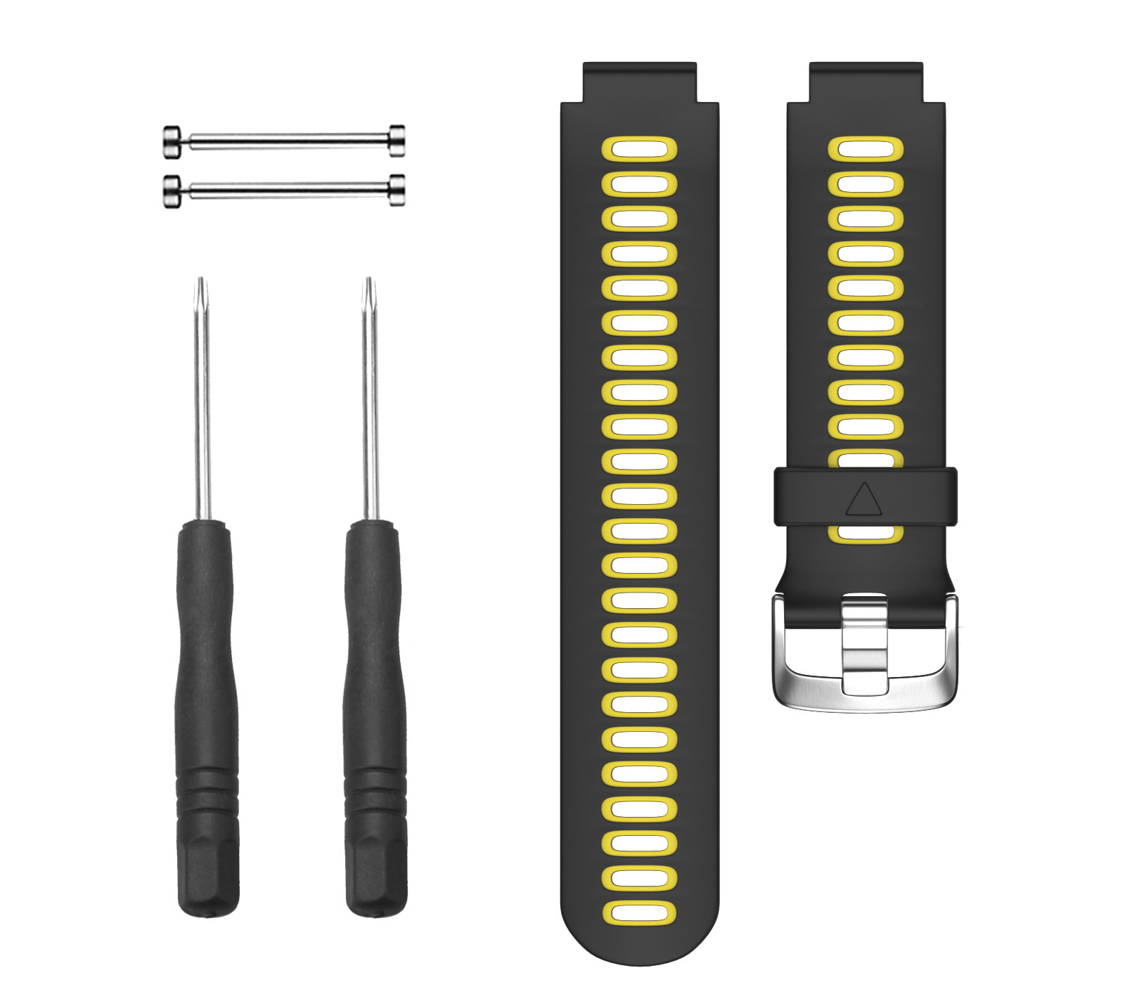 Ein schwarzes und gelbes Smartwatch-Armband mit Werkzeugen zur Installation.
