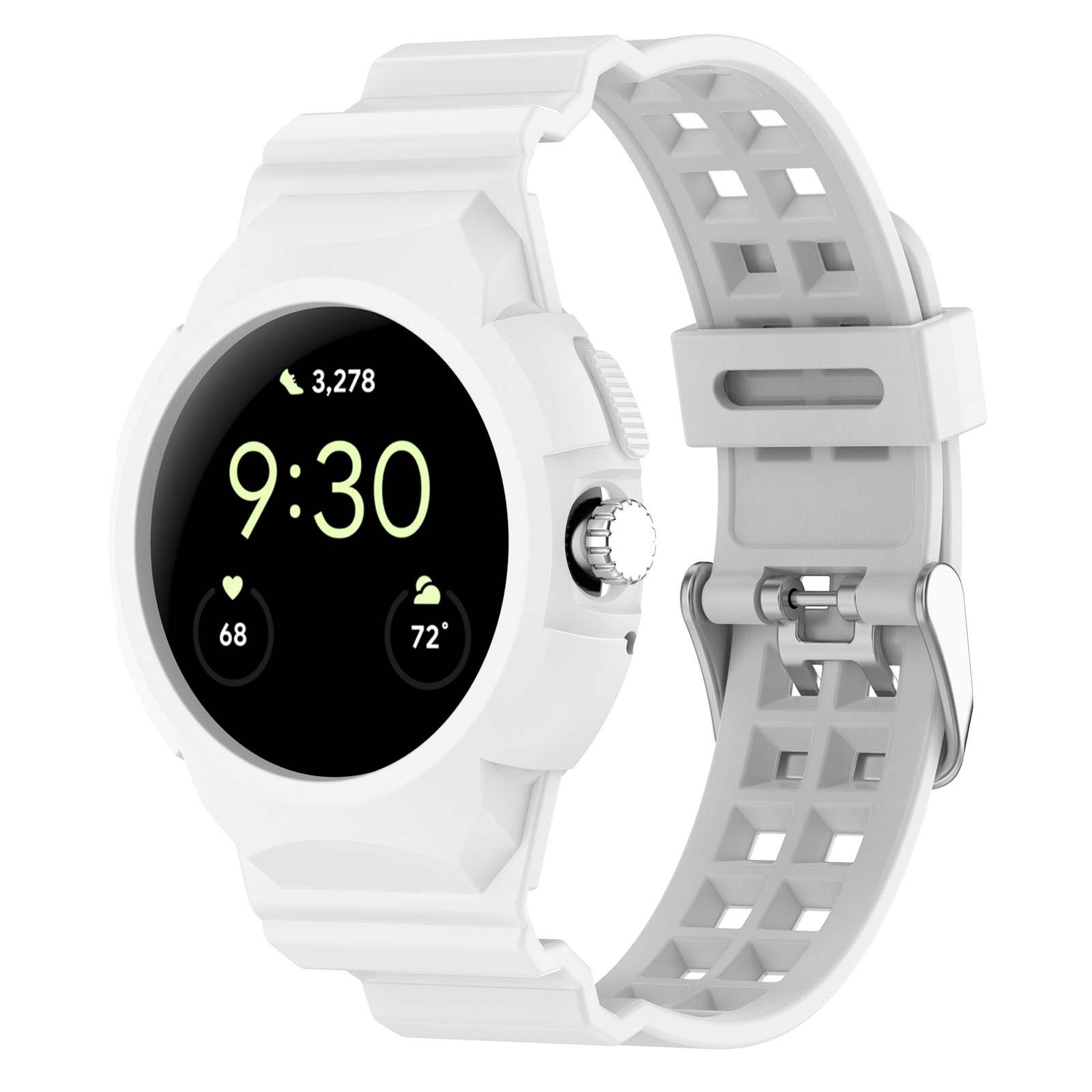 Smartwatch bianco che mostra ora e frequenza cardiaca, con cinturino bianco su sfondo bianco.