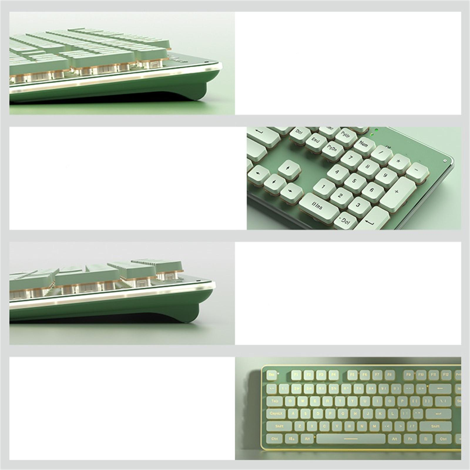 Nahaufnahme einer grünen Tastatur mit weißen Tasten. Mehrere Winkel werden gezeigt, mit grünen und weißen Details.