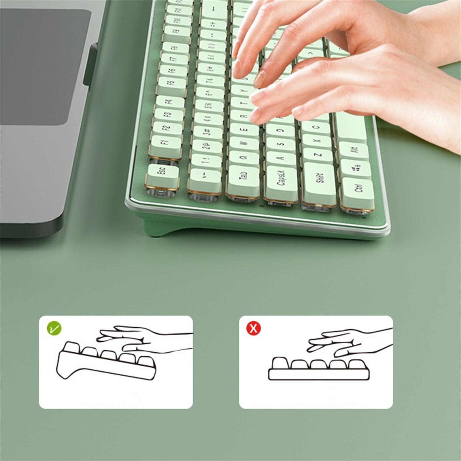 Hände in der Nähe einer grünen Tastatur. Ein Bild zeigt die richtige Handposition. Das andere die falsche.