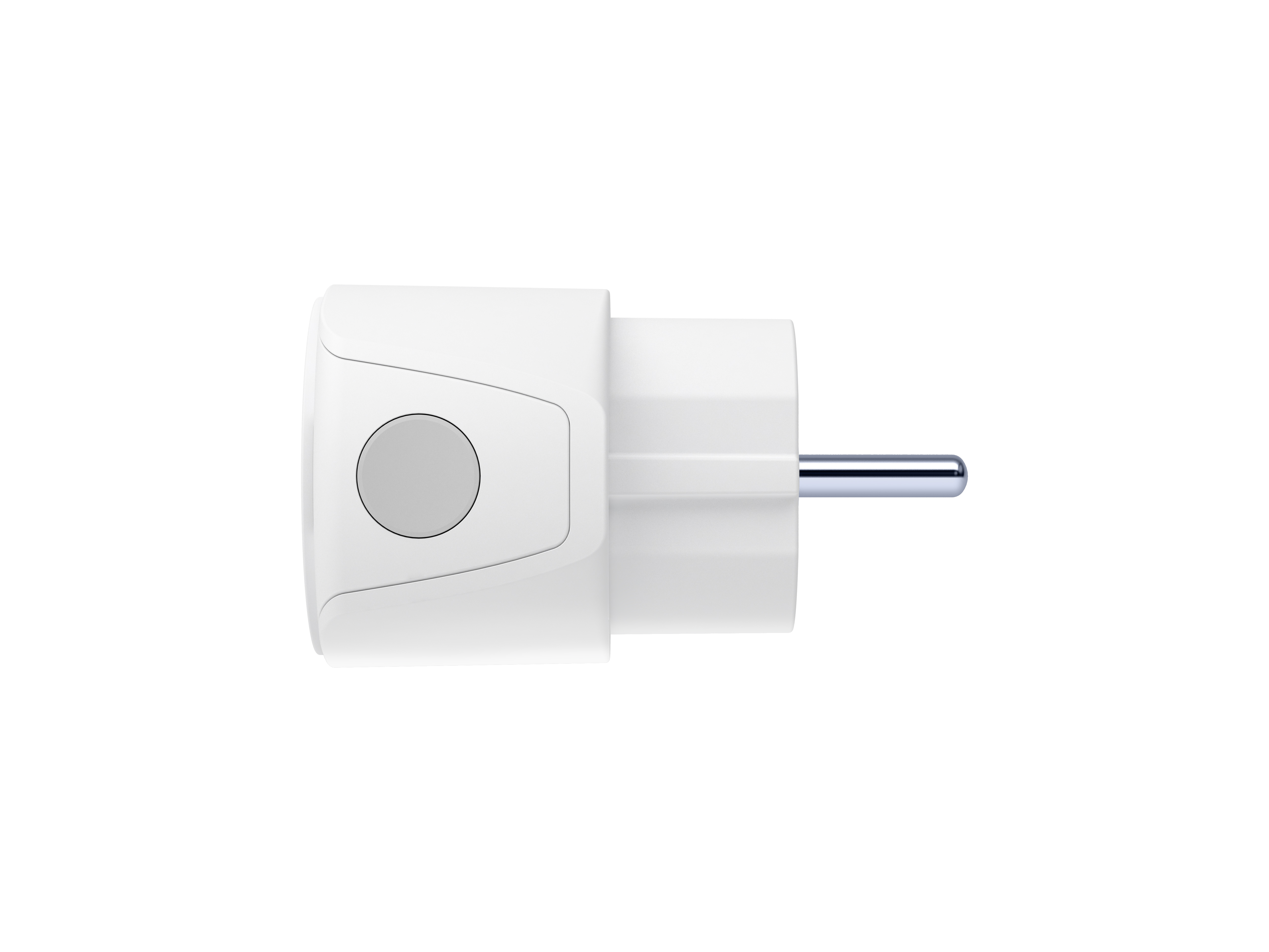 Weißer Netzadapterstecker mit einem einzelnen Metallstift, Draufsicht, isoliert auf Weiß.
