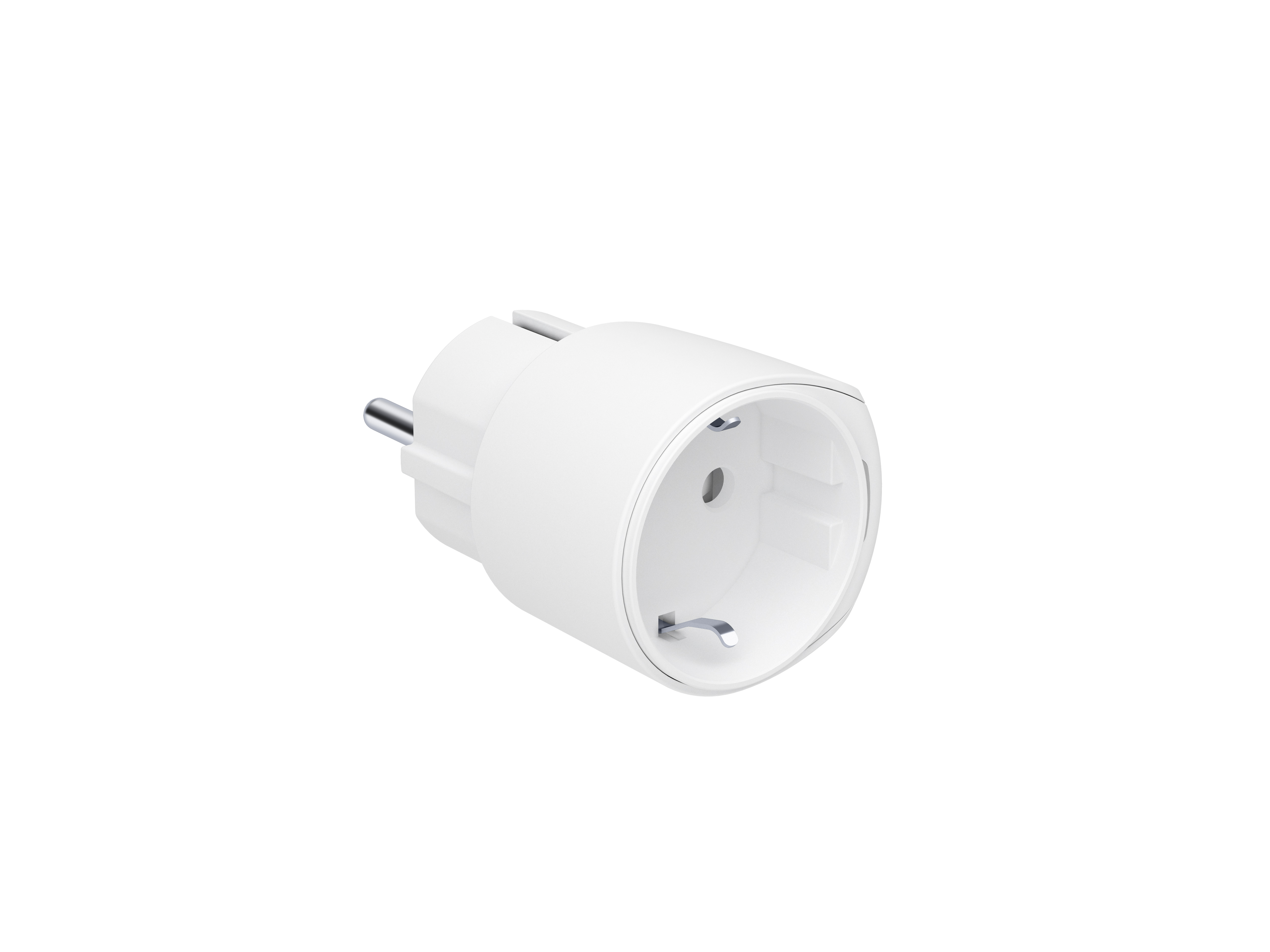 Weißer Netzadapterstecker mit zwei Stiften, Draufsicht, isoliert auf weißem Hintergrund.