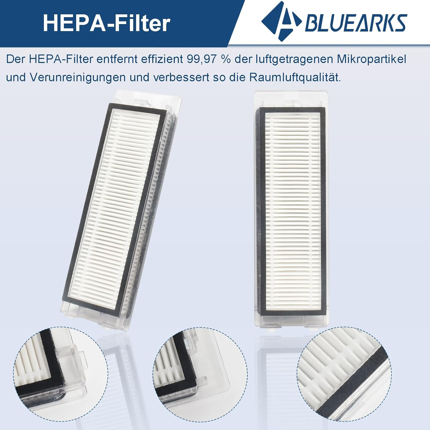 Filtro HEPA per aspirapolvere. Il testo descrive la sua capacità di rimuovere le particelle sospese e migliorare la qualità.
