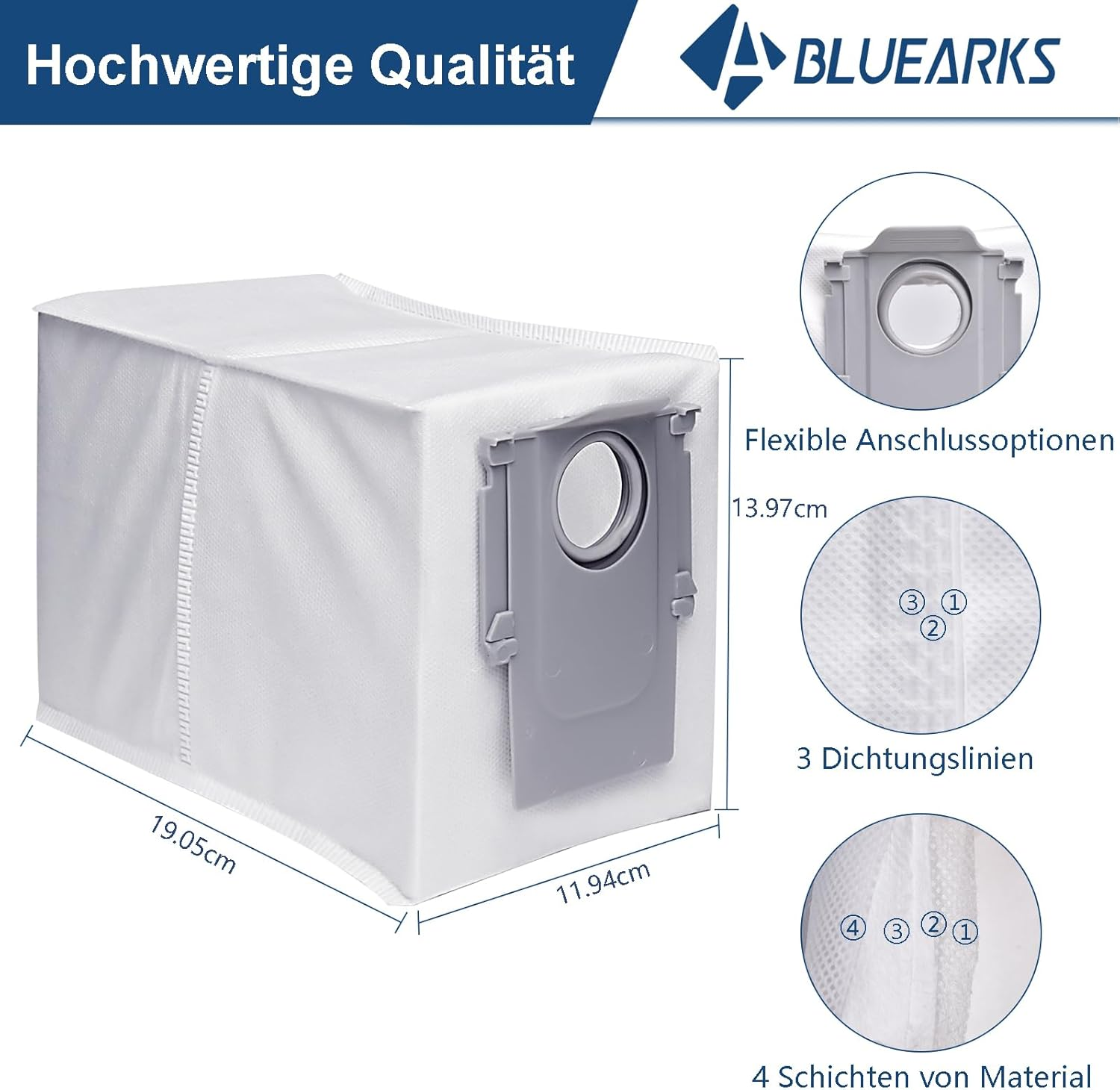 Sacco per aspirapolvere bianco con dimensioni, testo e diagrammi, su sfondo bianco.