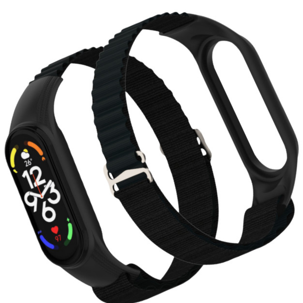 Schwarze Smartwatch mit schwarzem Armband, Zeit auf dem Bildschirm. Band ist magnetisch.
