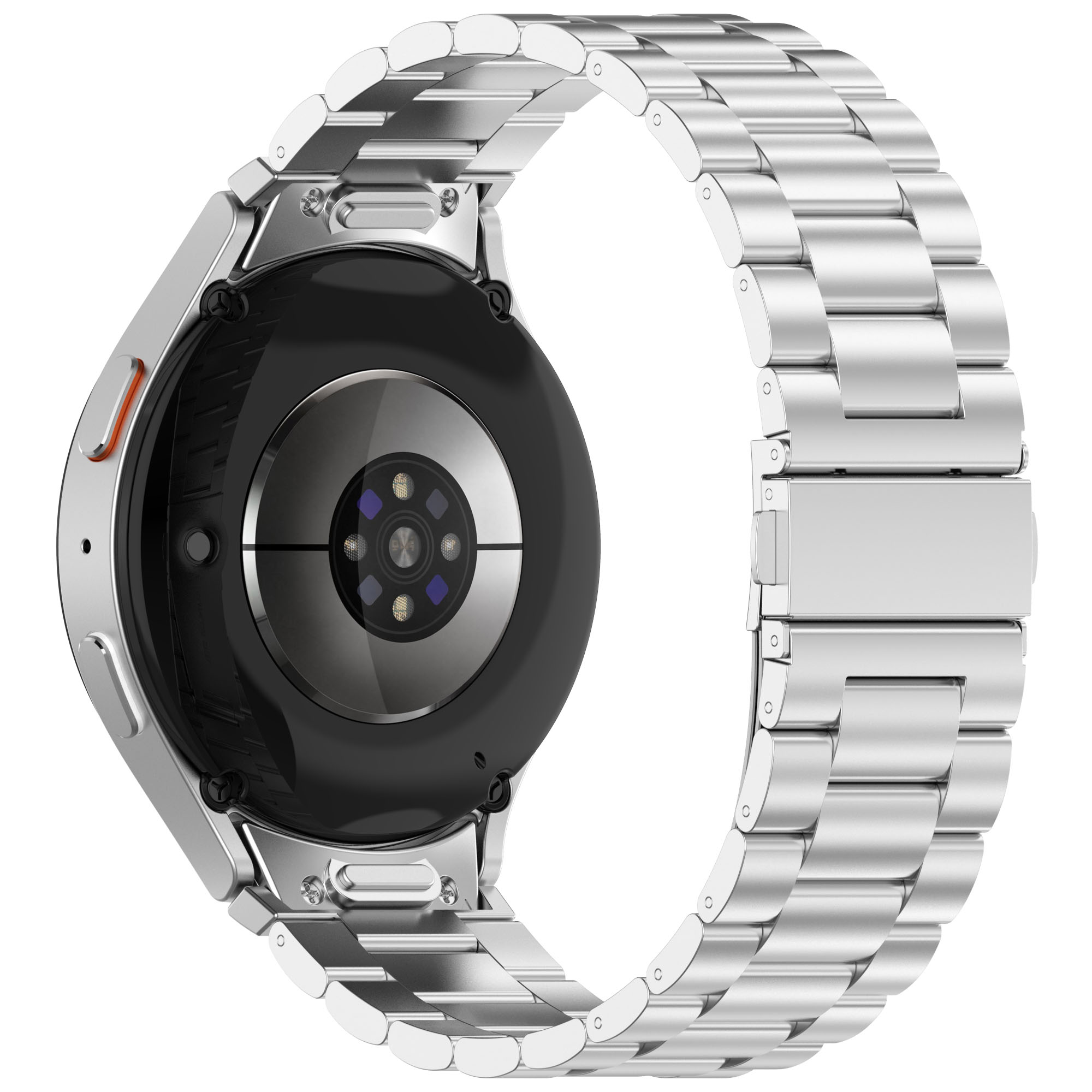 Silberne Smartwatch mit Edelstahlarmband, Rückansicht. Schwarzer Sensorbereich.
